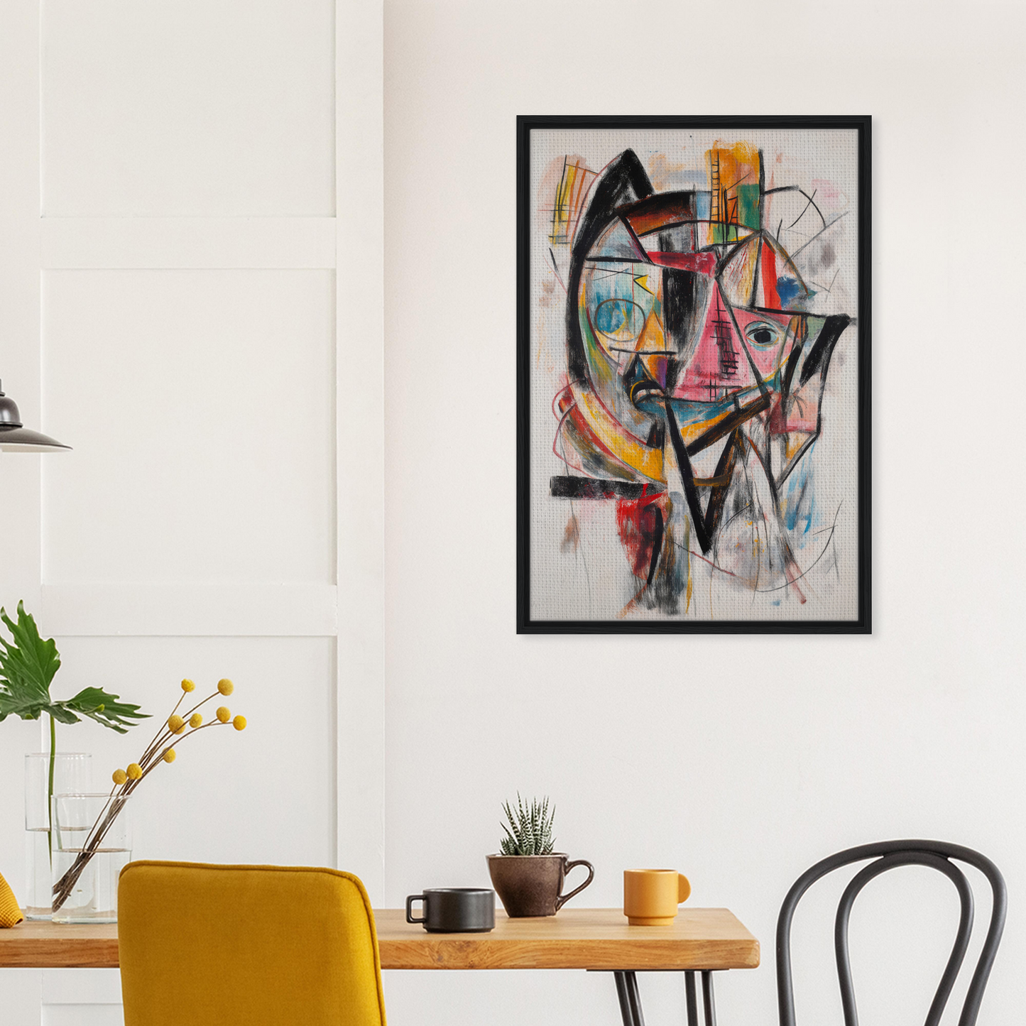 Abstract painting featuring vibrant geometric shapes in a black frame, Fragmented Vortex Delirium