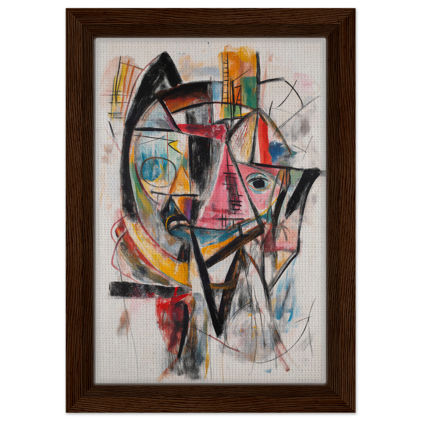 Abstract painting of a colorful face in geometric shapes for Fragmented Vortex Delirium room decor