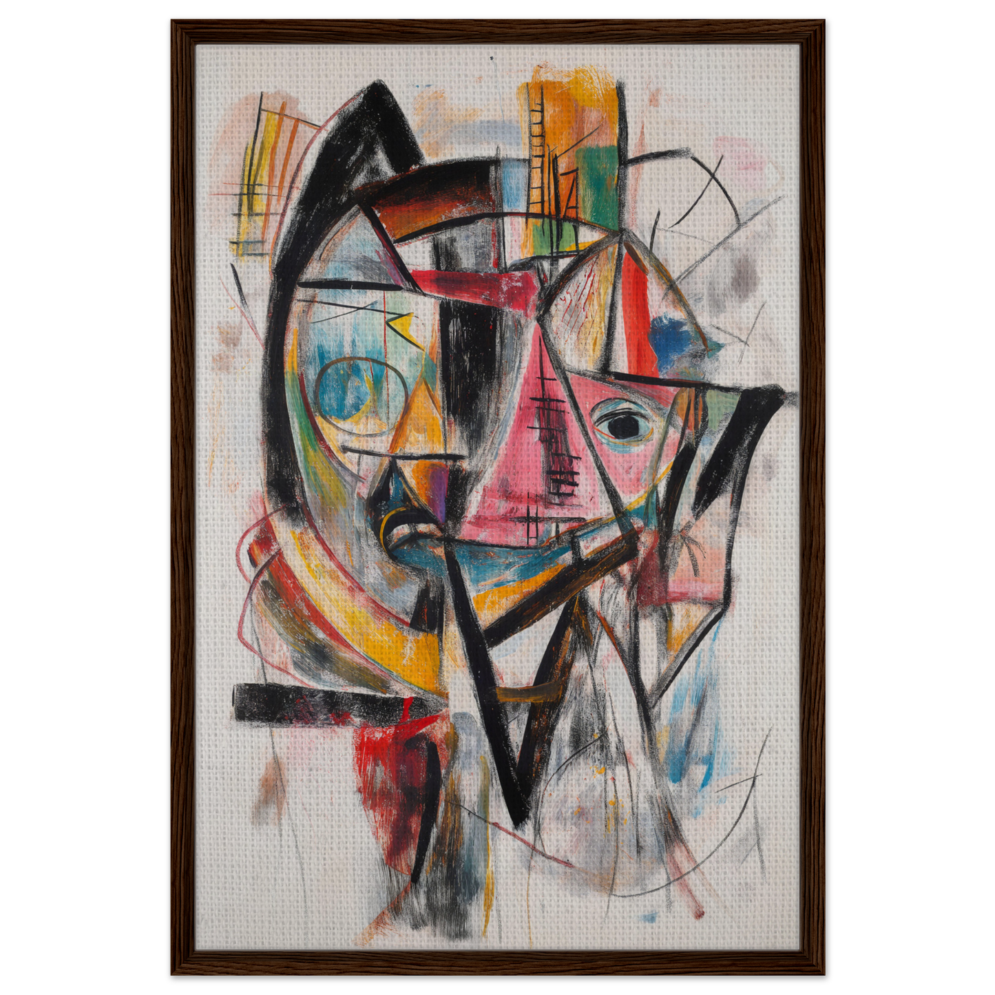 Abstract painting of a colorful face in geometric shapes for Fragmented Vortex Delirium room decor