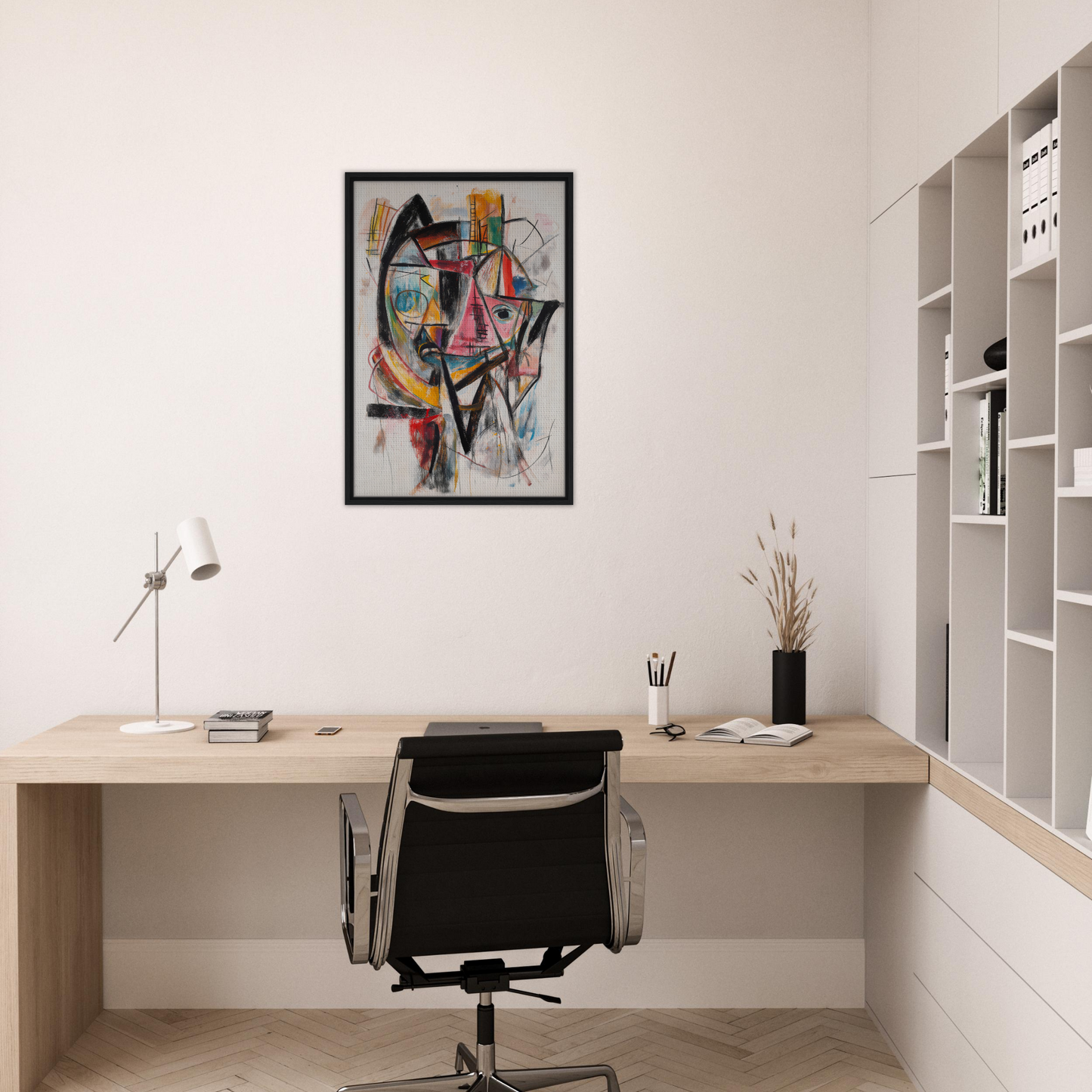 Modern home office showcasing a minimalist desk and Fragmented Vortex Delirium artwork