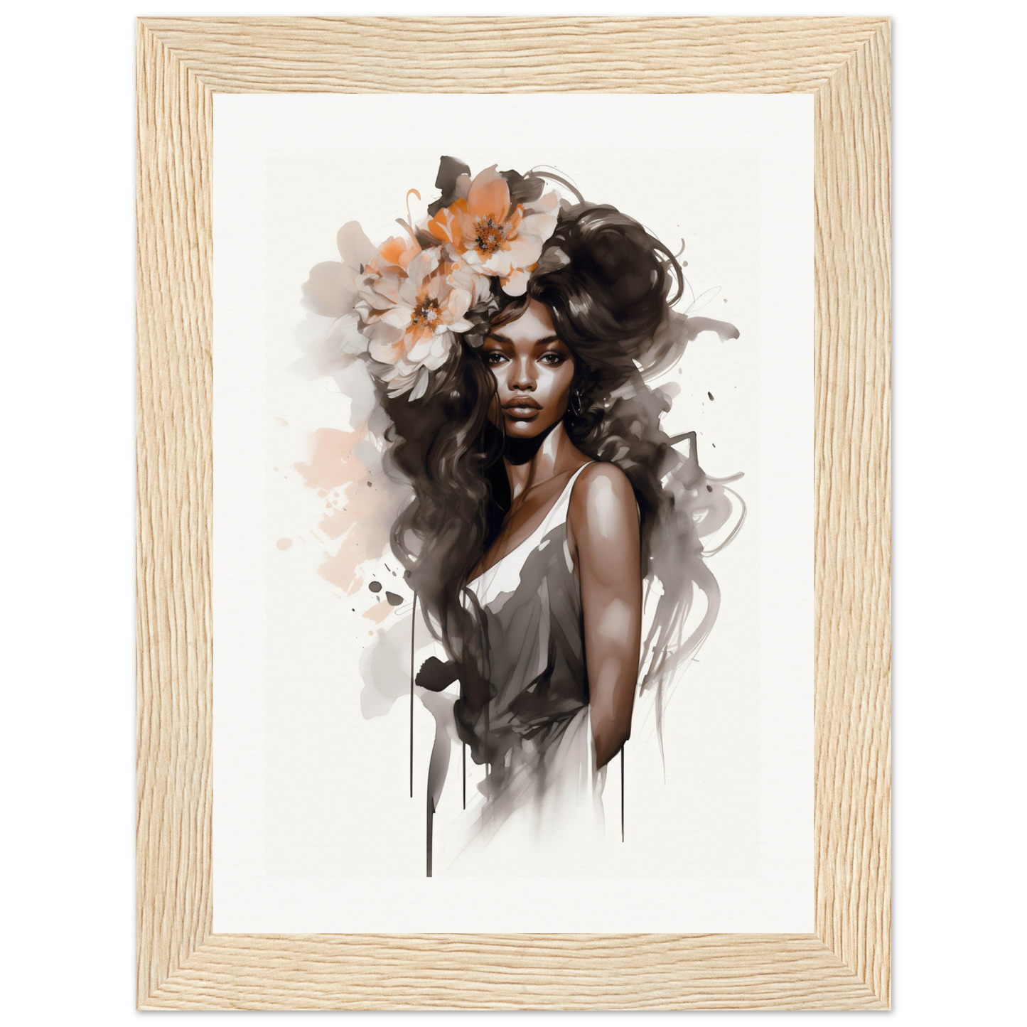 Artistic portrait of a woman with flowers in her hair, rendered in a watercolor style.