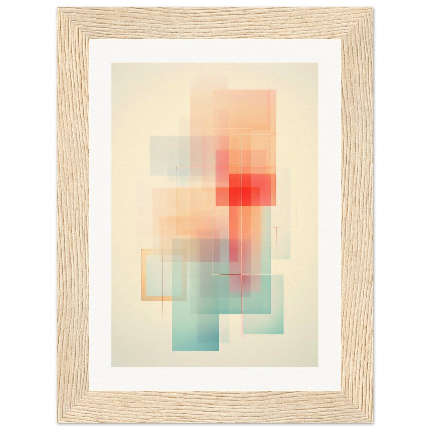 Abstract geometric artwork featuring soft, blended squares of pastel colors in a wooden frame.