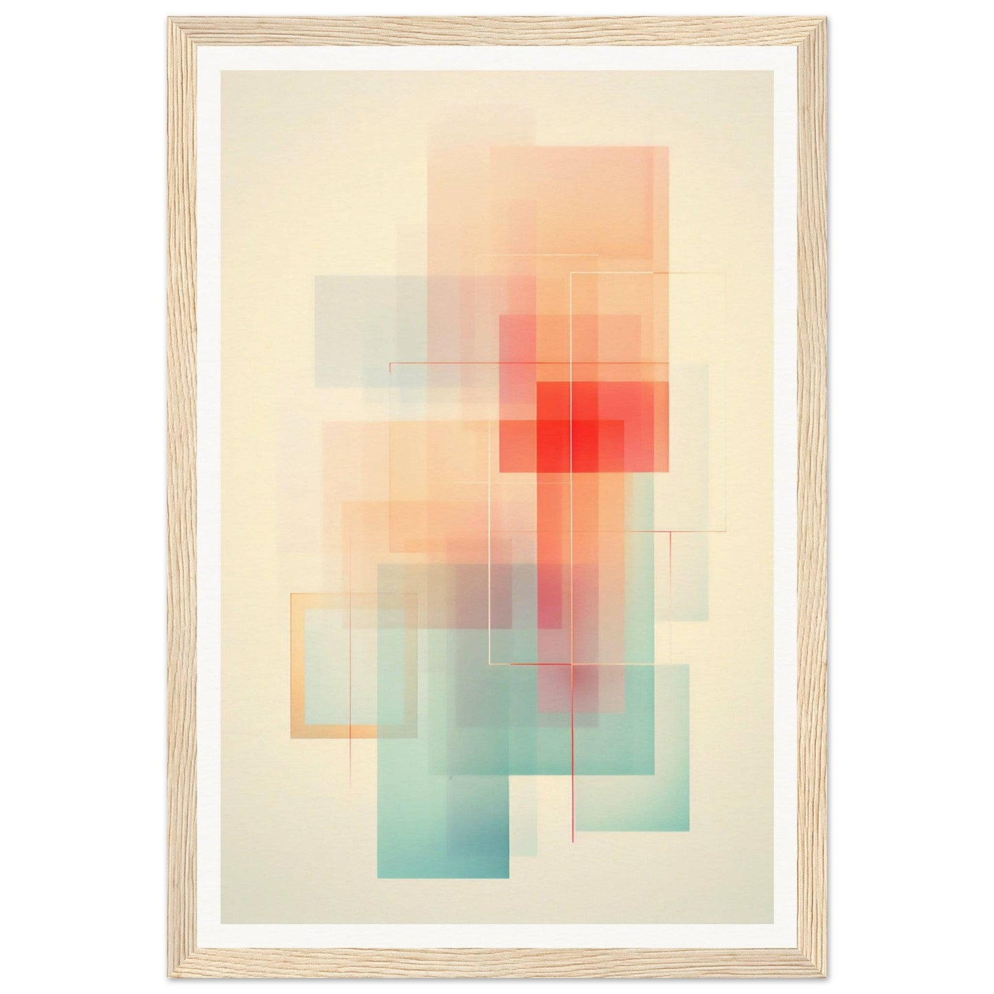 Abstract geometric artwork featuring overlapping translucent shapes in soft pastel colors.