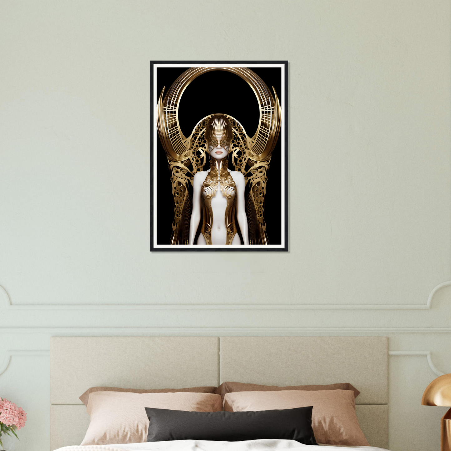 Framed artwork depicting a stylized golden female figure with an elaborate headdress and wings.