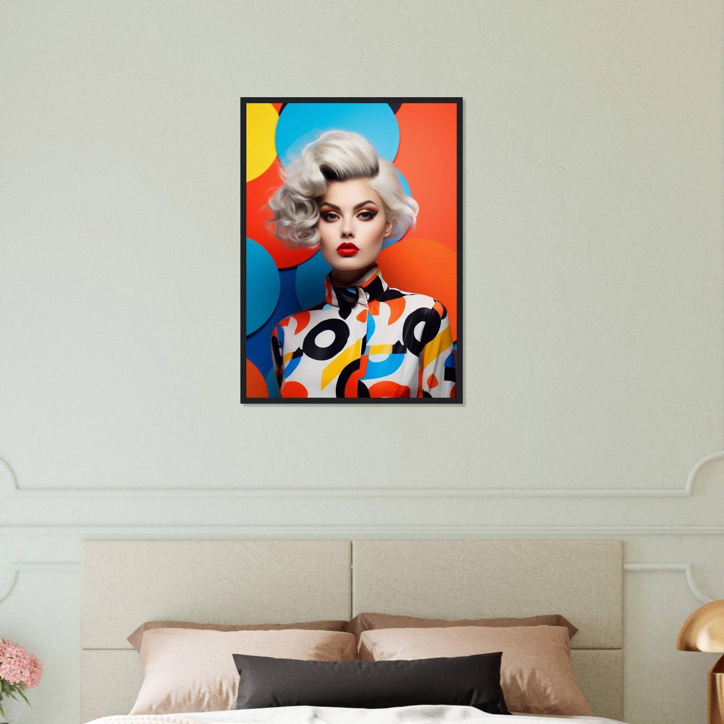 Colorful pop art-style portrait of a woman with dramatic makeup and a voluminous white hairstyle.