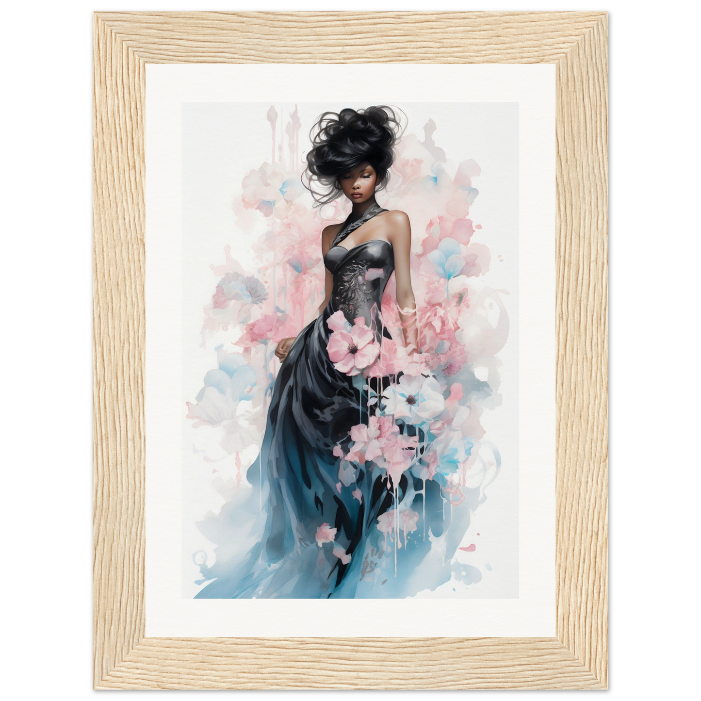 Watercolor-style painting of a woman in an elegant flowing dress with floral elements.