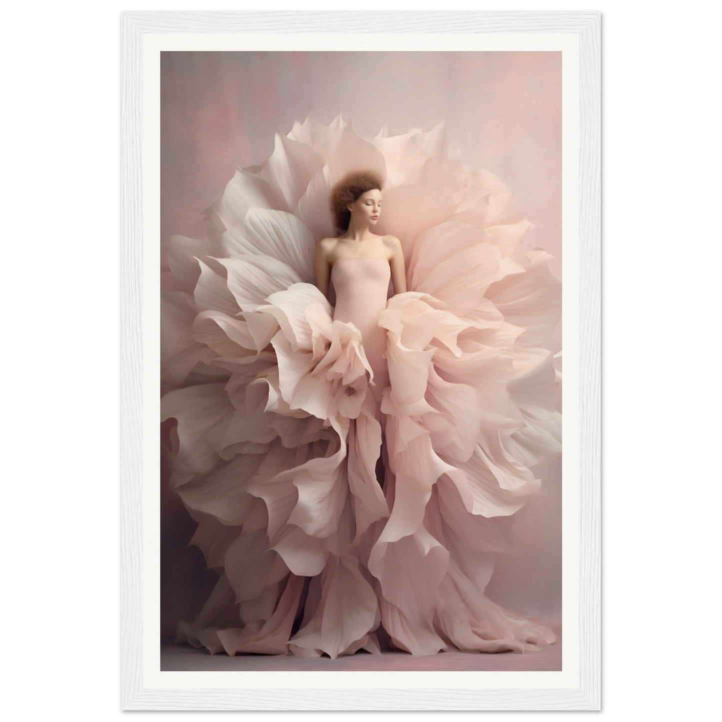 Woman emerging from the center of a blossoming pale pink flower.