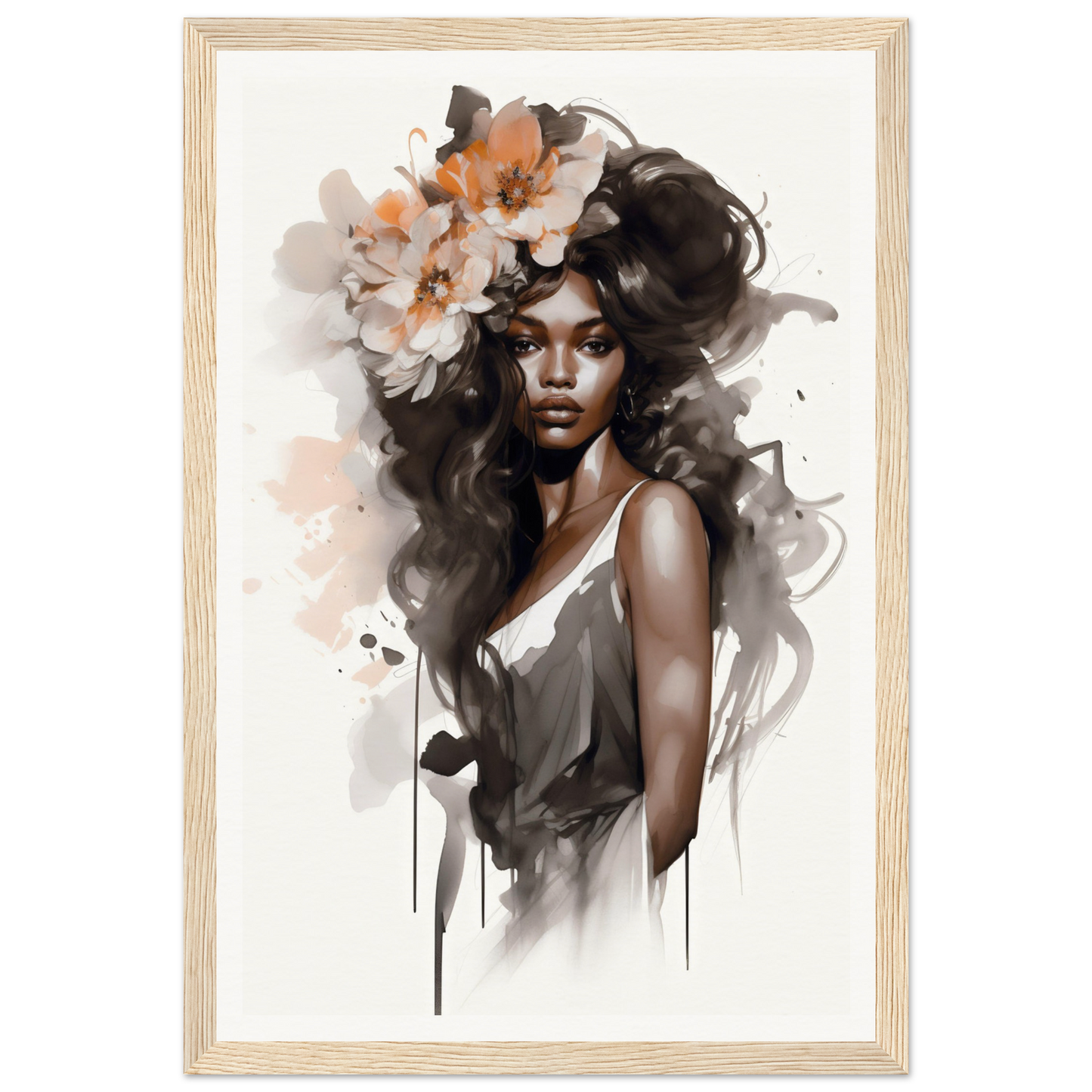 Portrait of a woman with flowing dark hair adorned with flowers, rendered in a painterly style with soft, blended colors.