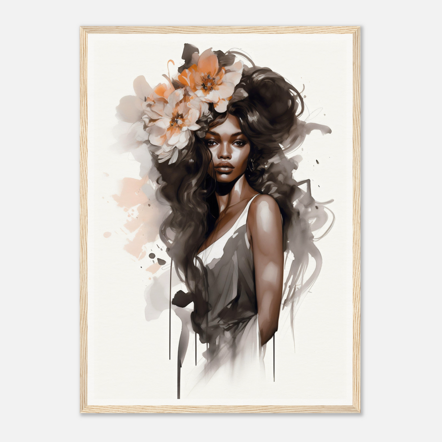 Artistic portrait of a woman with flowing hair adorned by flowers.