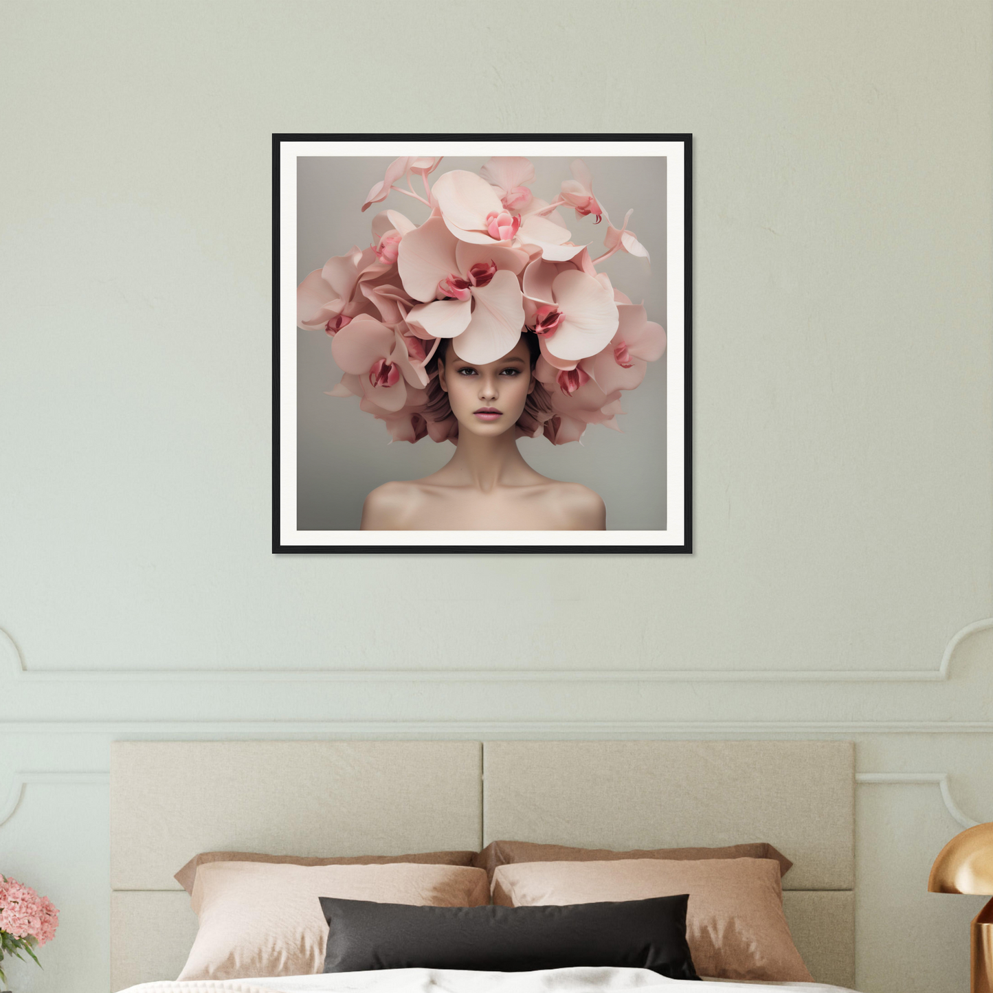 Framed portrait of a person wearing an elaborate pink floral headdress.