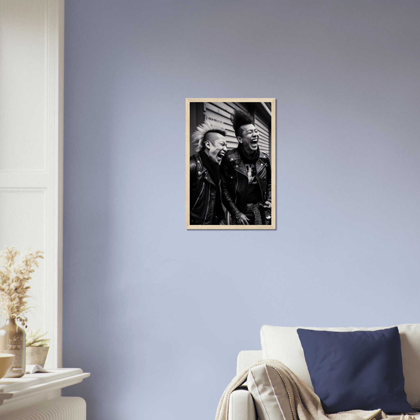 Black and white framed photograph of two men in close conversation.