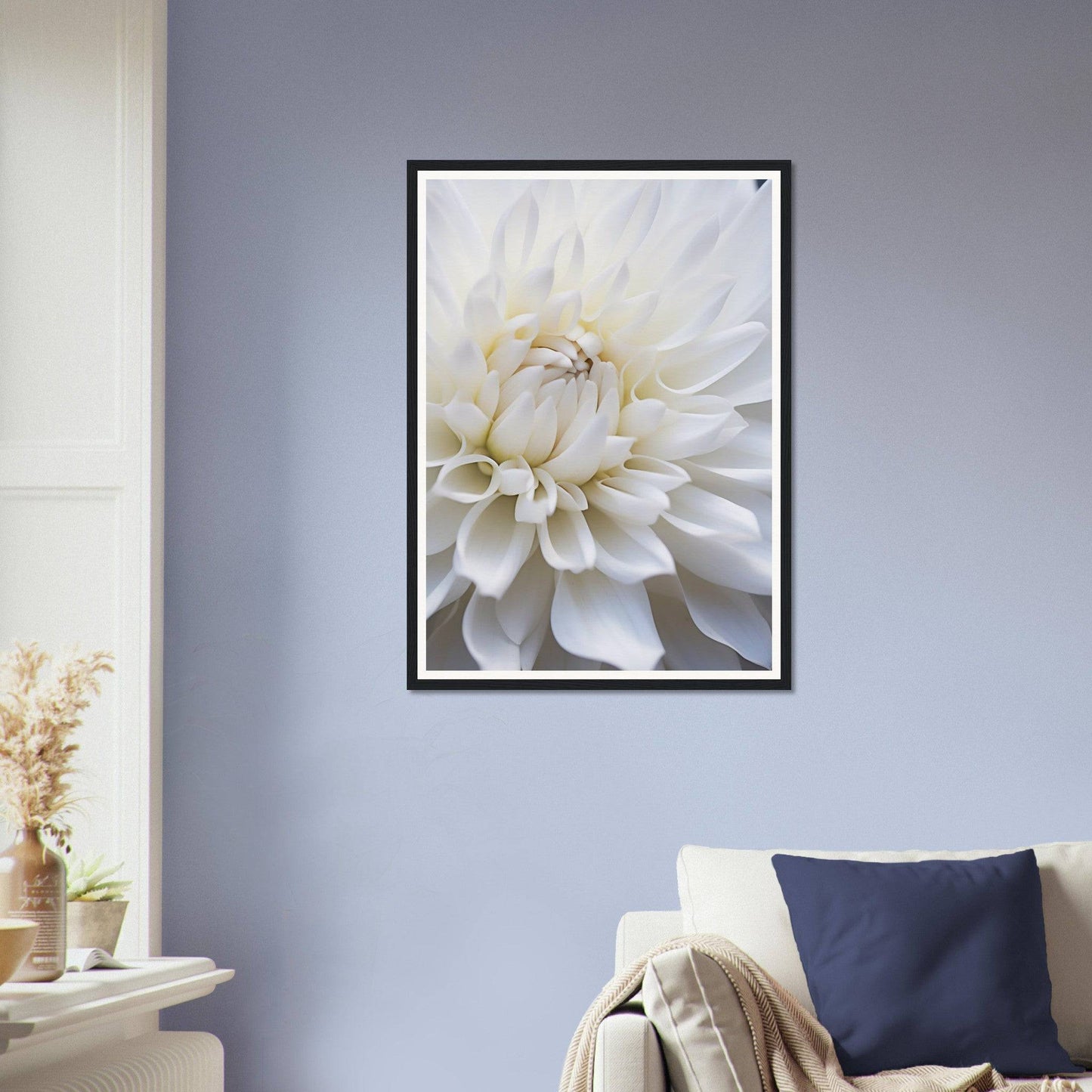 Framed photograph of a white dahlia flower in close-up.