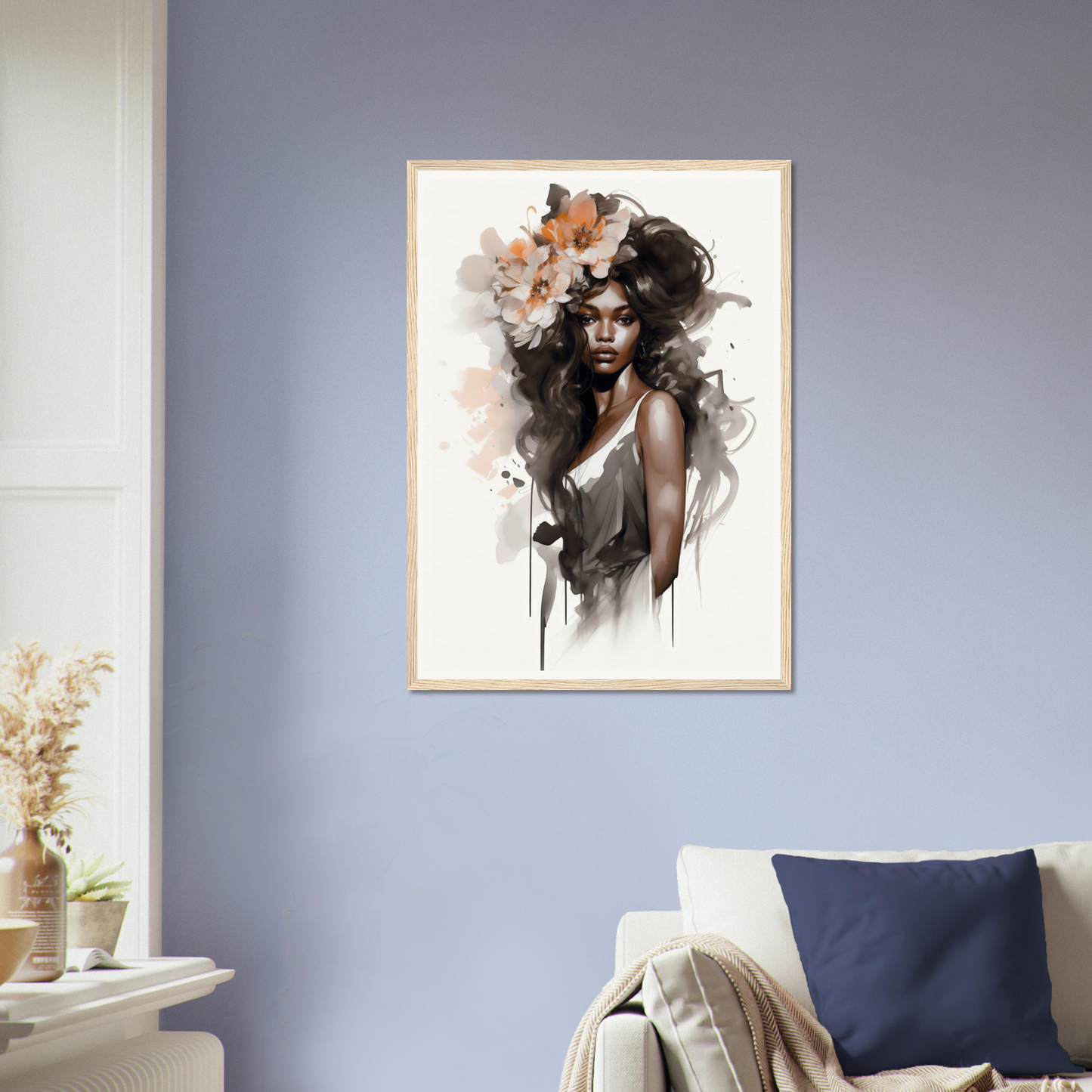 Artistic portrait of a woman with abstract floral elements in her hair, rendered in a watercolor-like style.