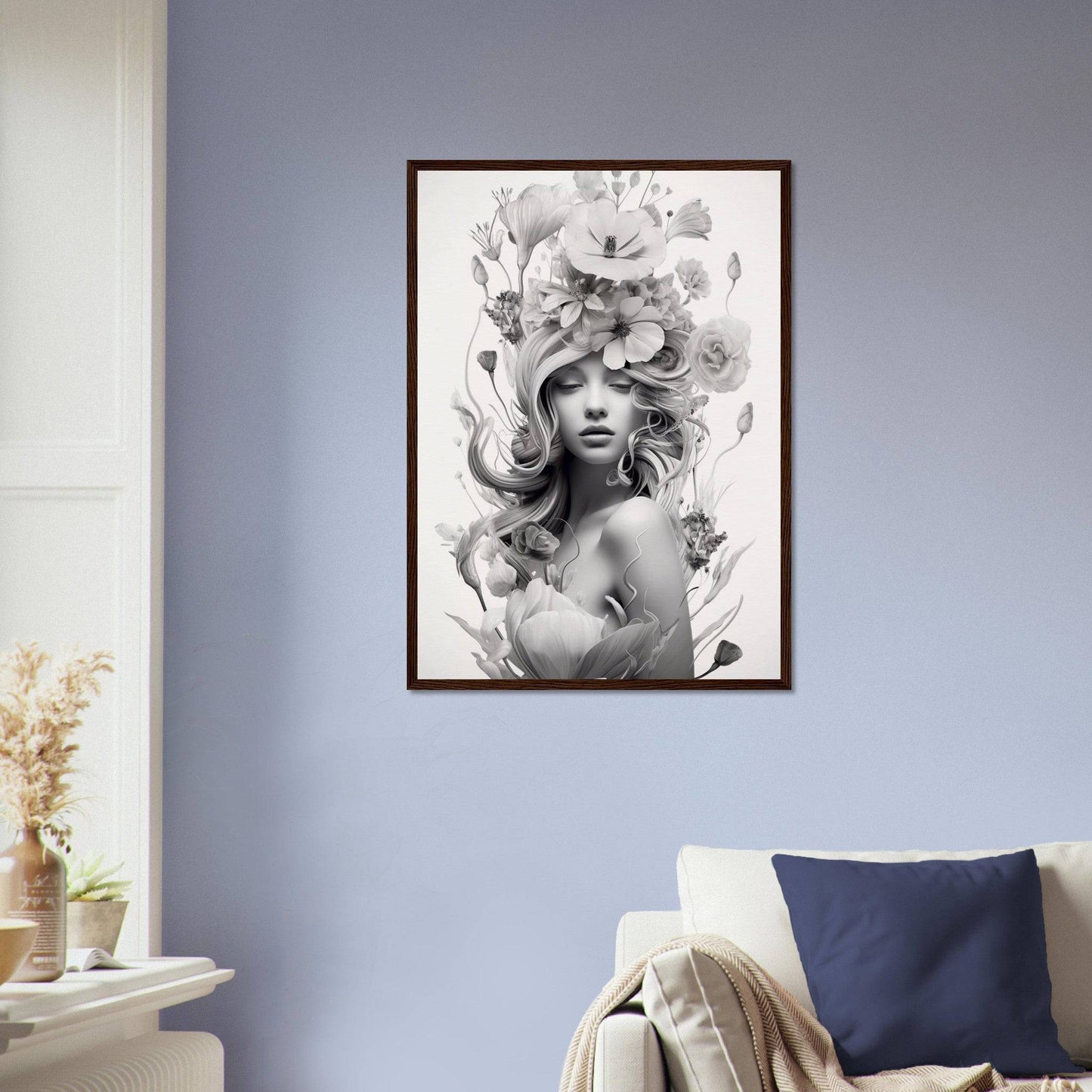 Framed black and white portrait artwork featuring a woman with elaborate floral and nature-inspired elements in her hair and surrounding her face.