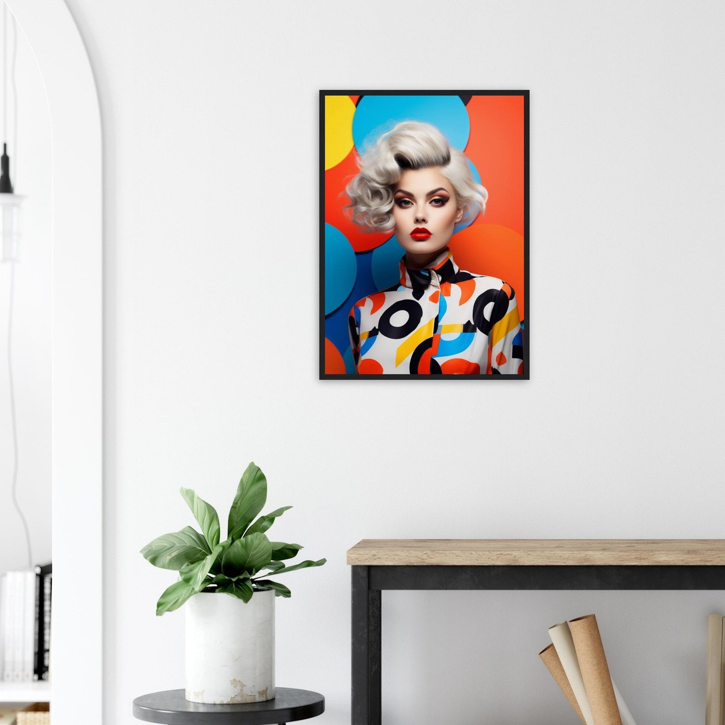 Colorful pop art-style portrait of a woman with platinum blonde hair and bold makeup in a vibrant geometric patterned outfit.