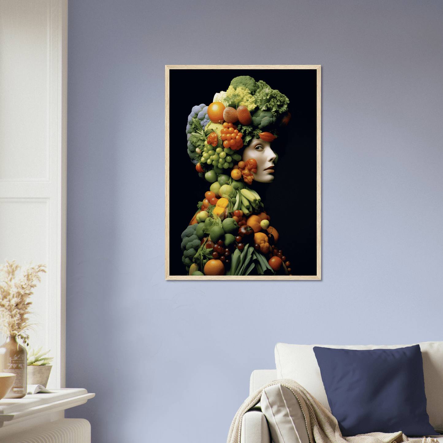 Portrait composed of various fruits and vegetables arranged to form a human silhouette against a dark background.