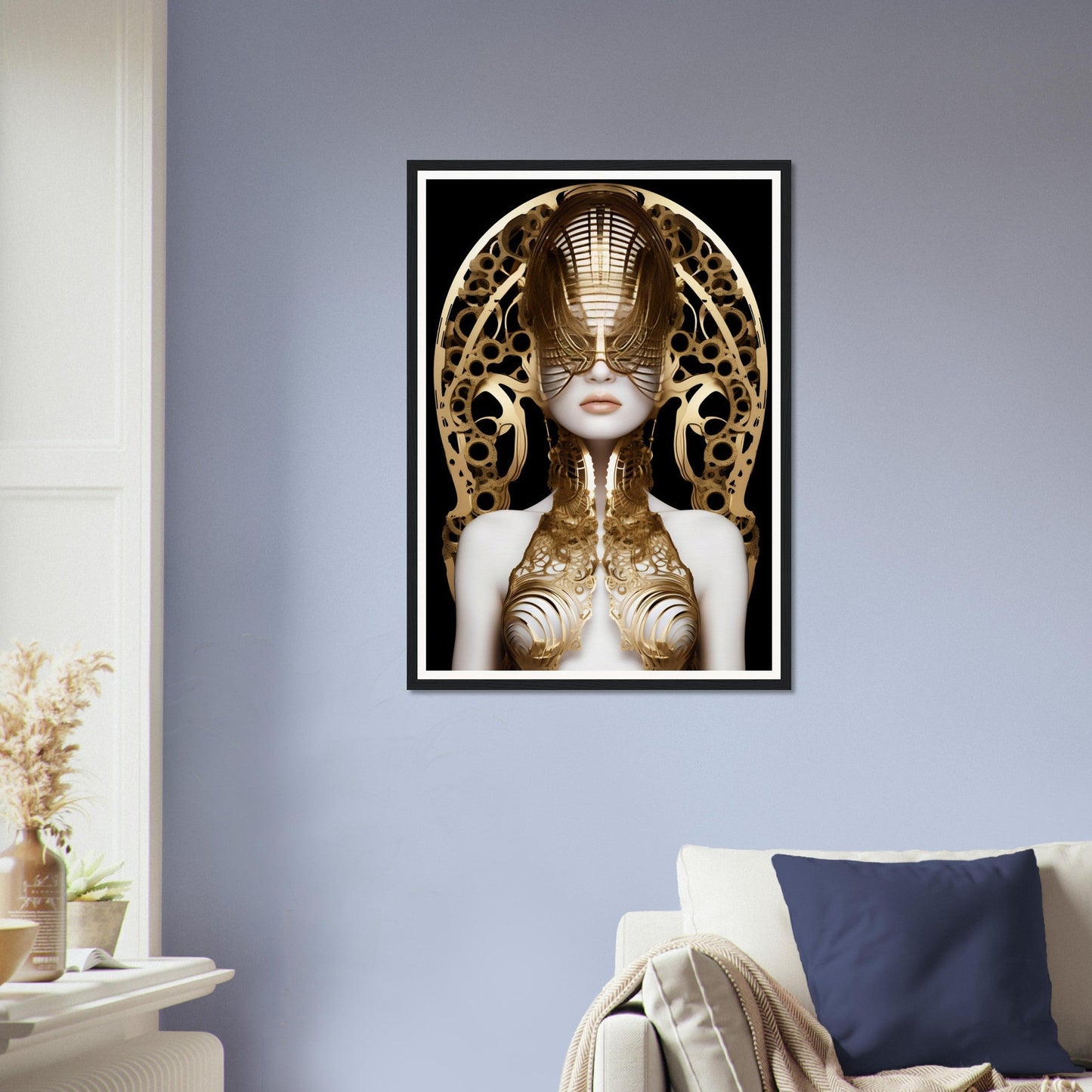 Framed artwork depicting a futuristic golden robotic figure with an ornate headdress and visible red lips.