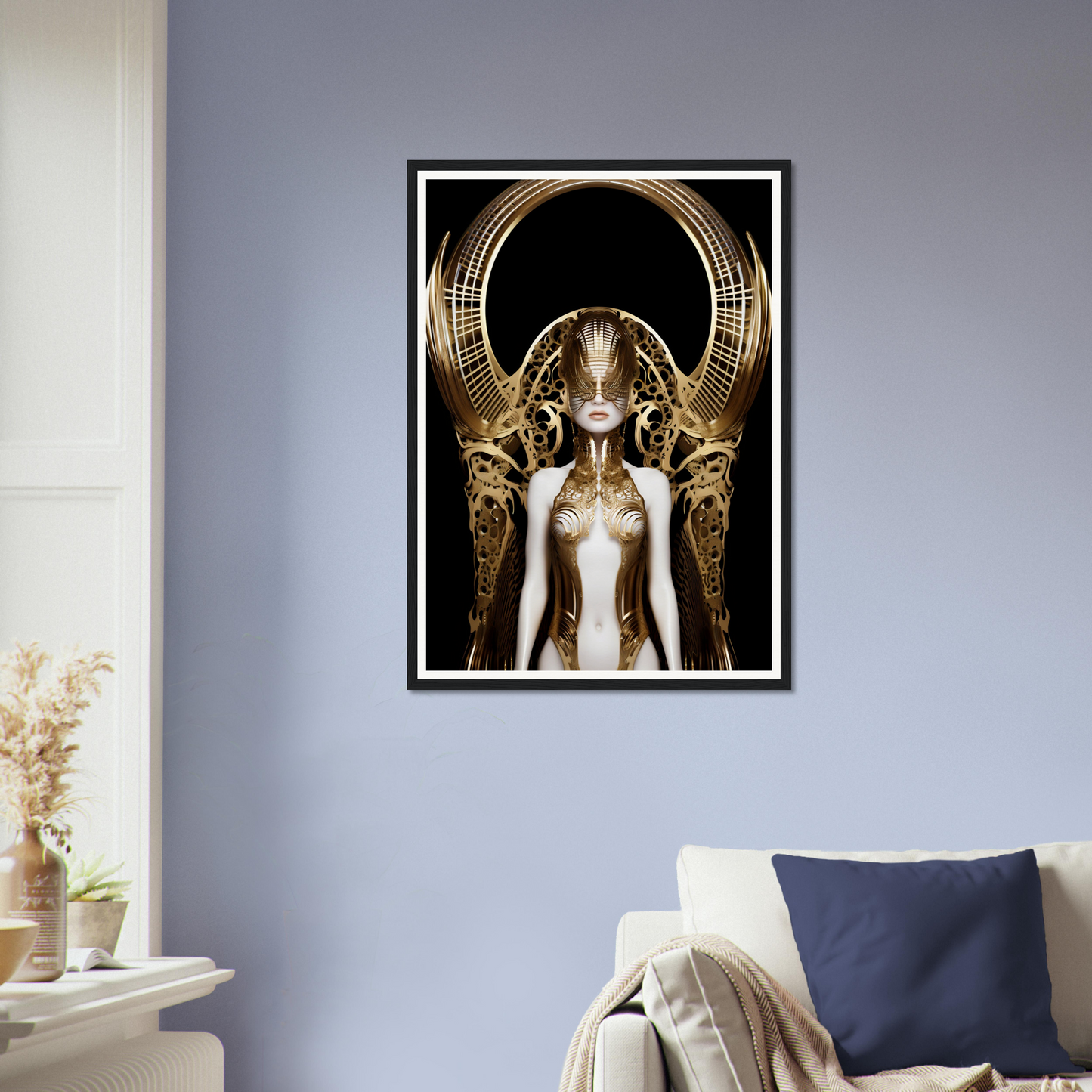 Framed artwork depicting a surreal, golden-adorned figure with an elaborate headdress against a dark background.
