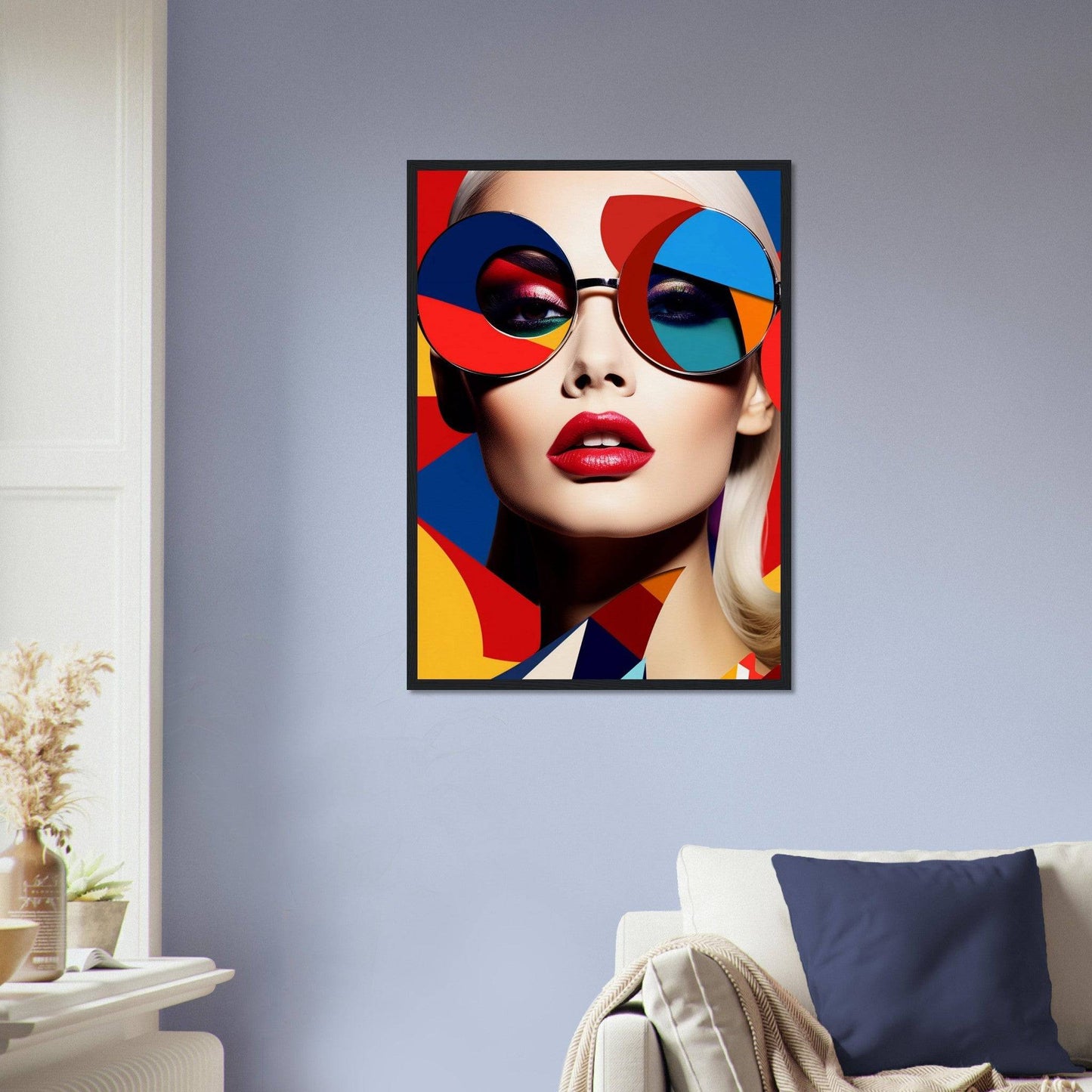 Colorful pop art-style portrait of a person wearing oversized sunglasses and bright red lipstick.