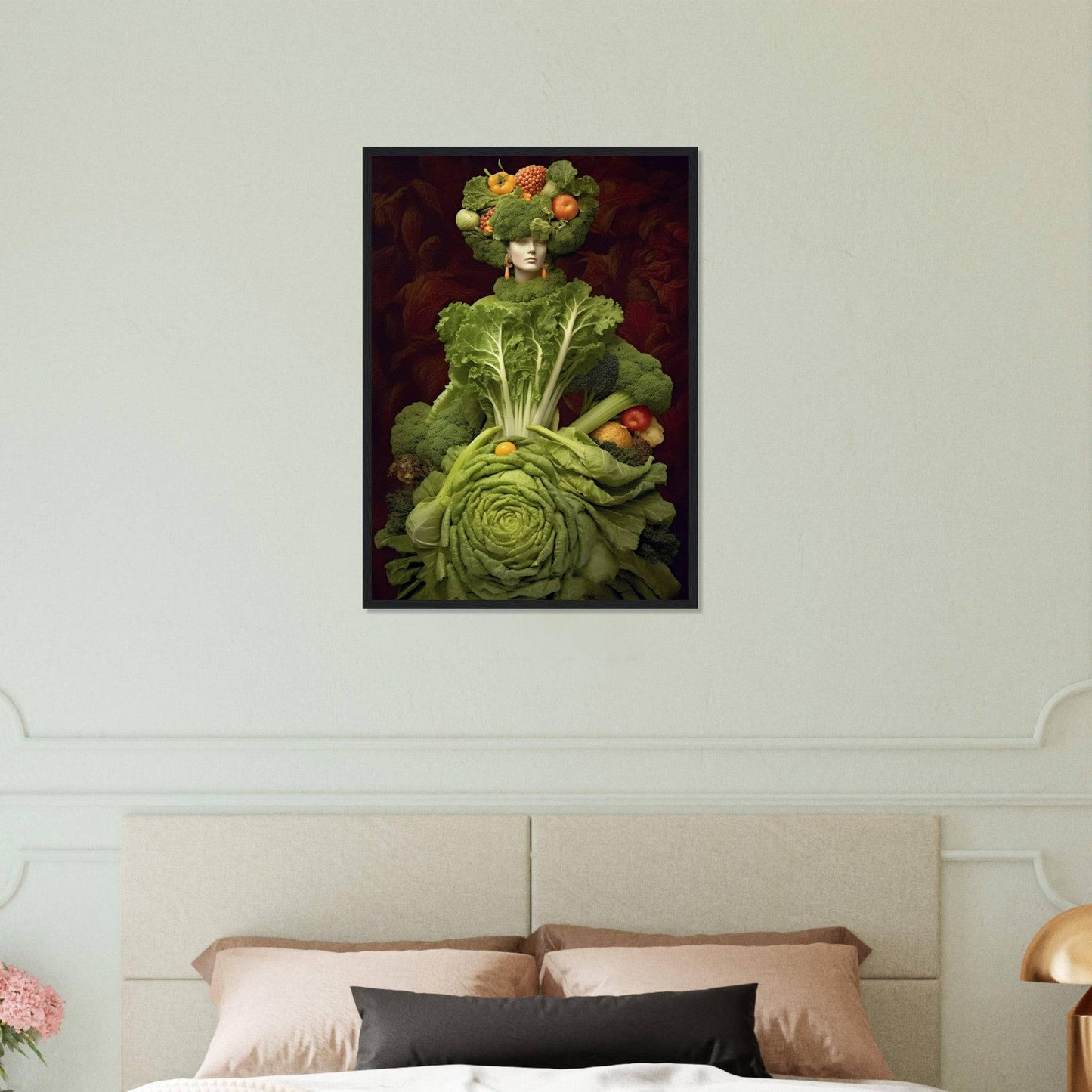 Whimsical figure composed entirely of various vegetables and fruits arranged to resemble a human form.