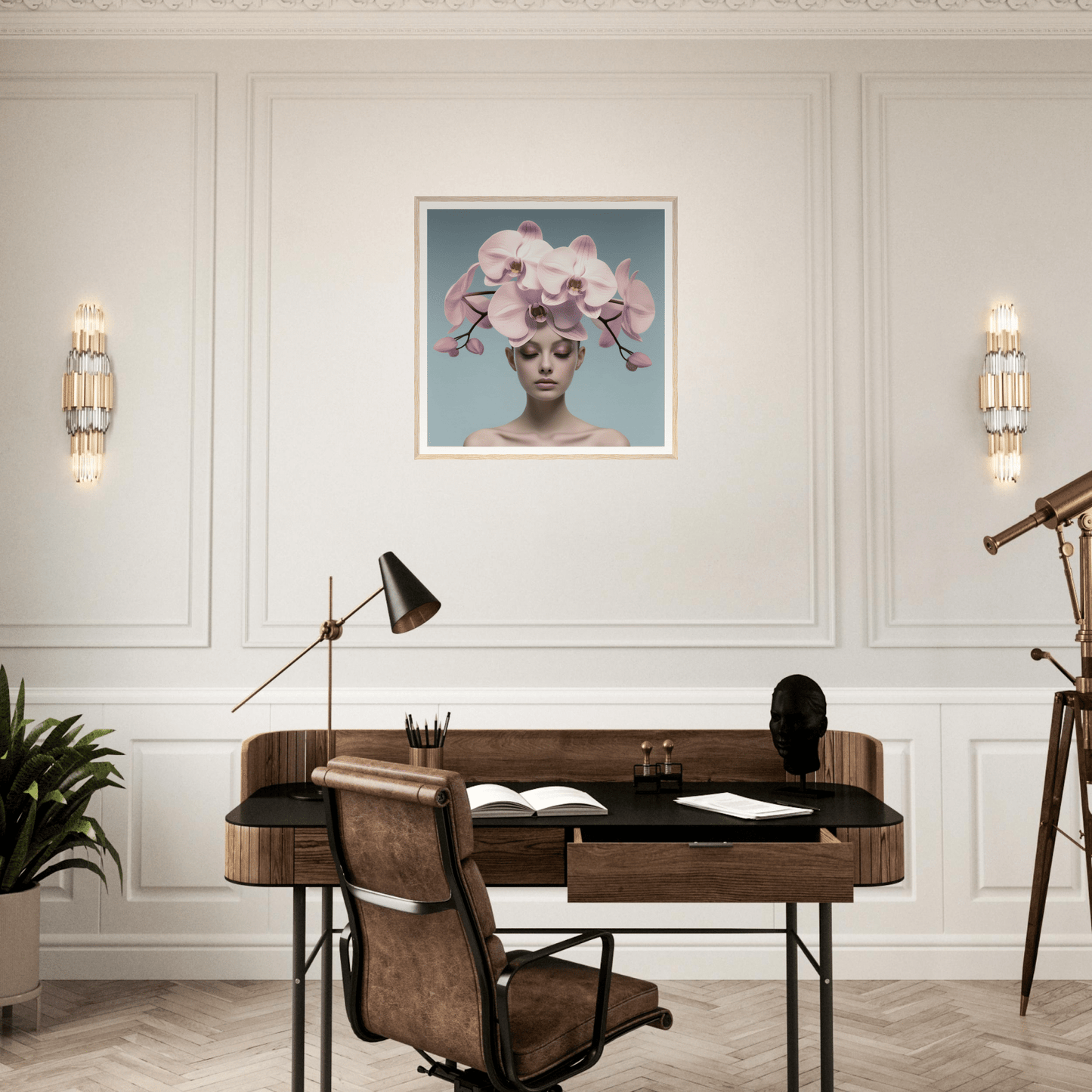 Wooden desk with a leather chair in front of it.
