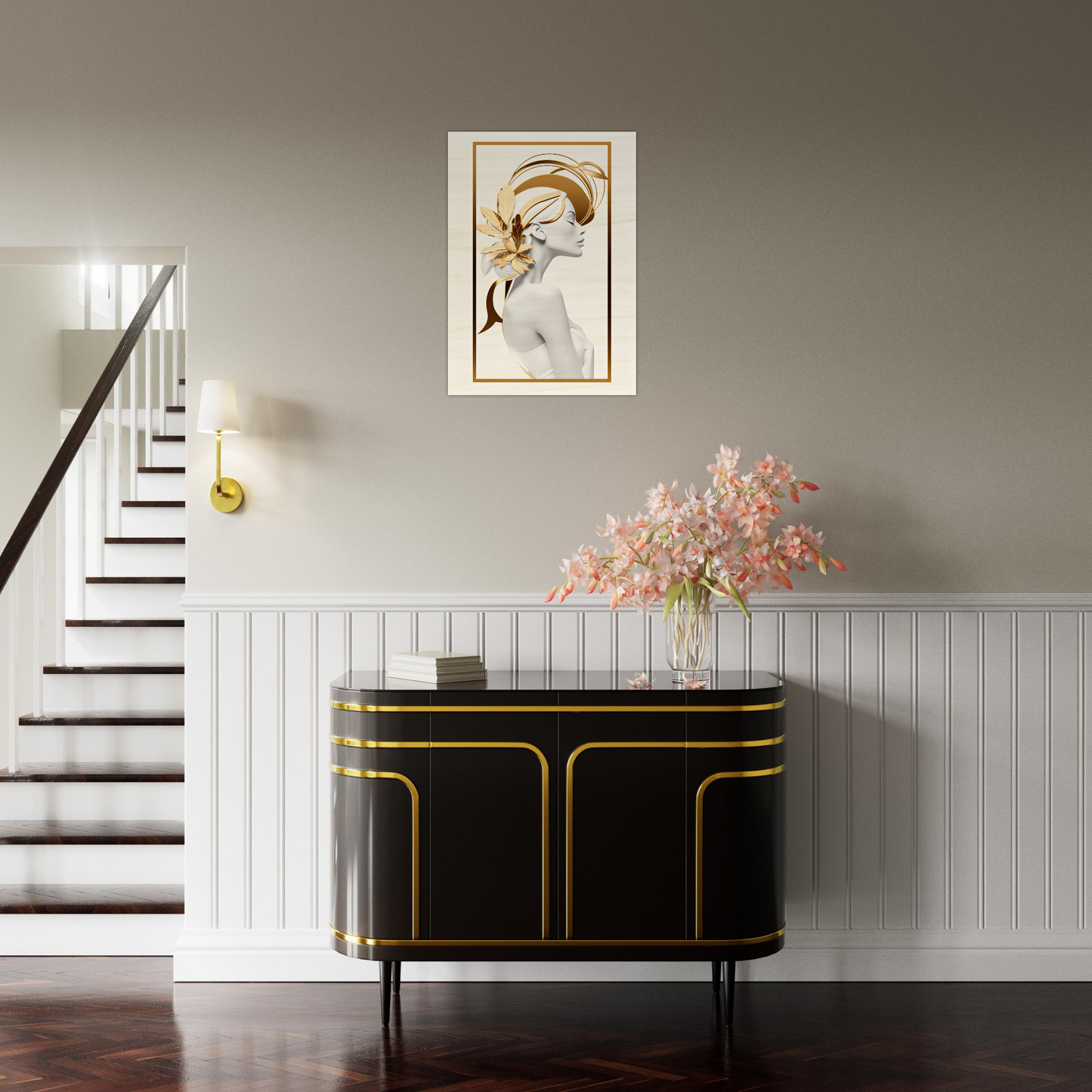 Elegant black sideboard with gold trim and curved edges.