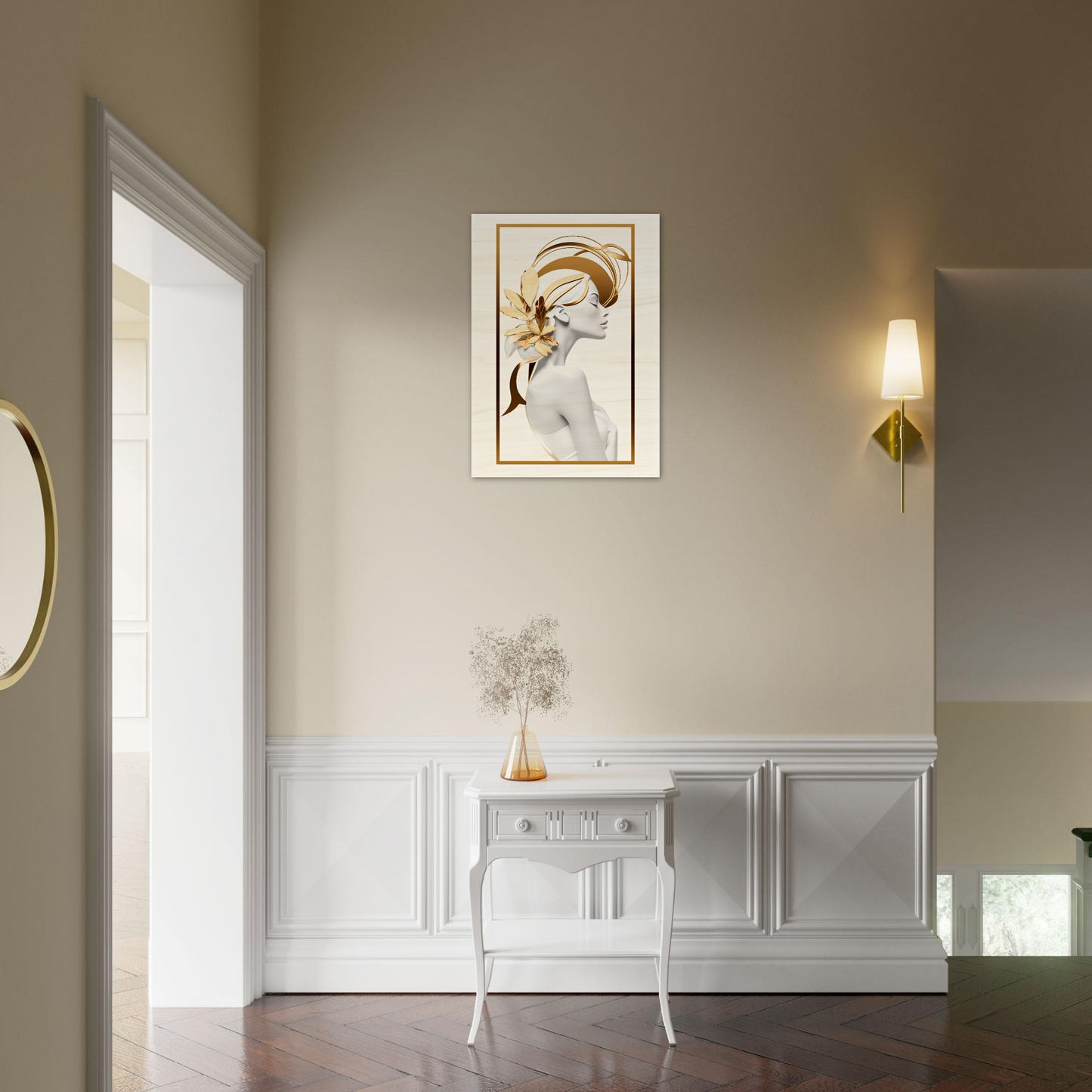 Elegant white console table with curved legs and decorative details.