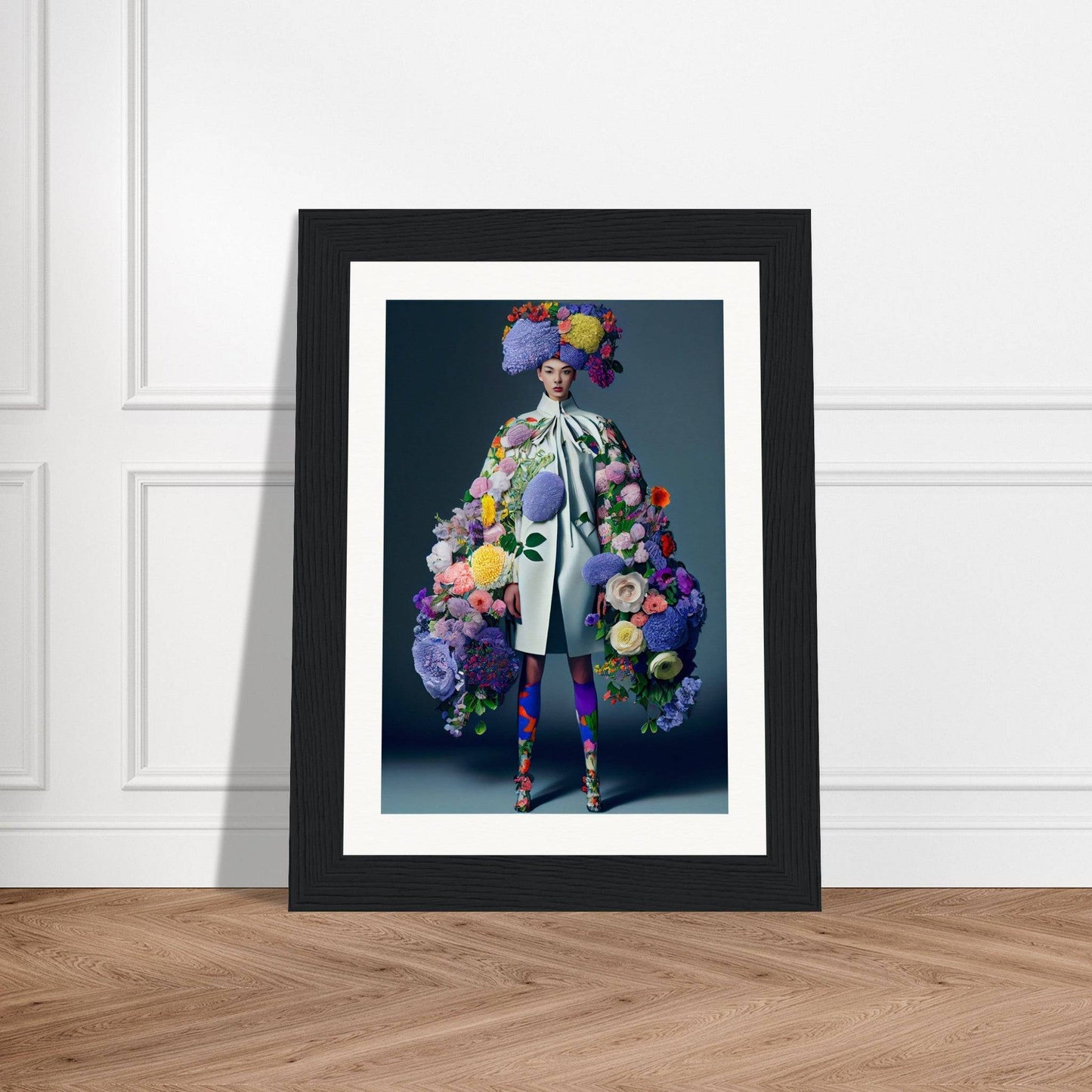 Framed photograph of a person wearing an extravagant floral costume and headpiece.
