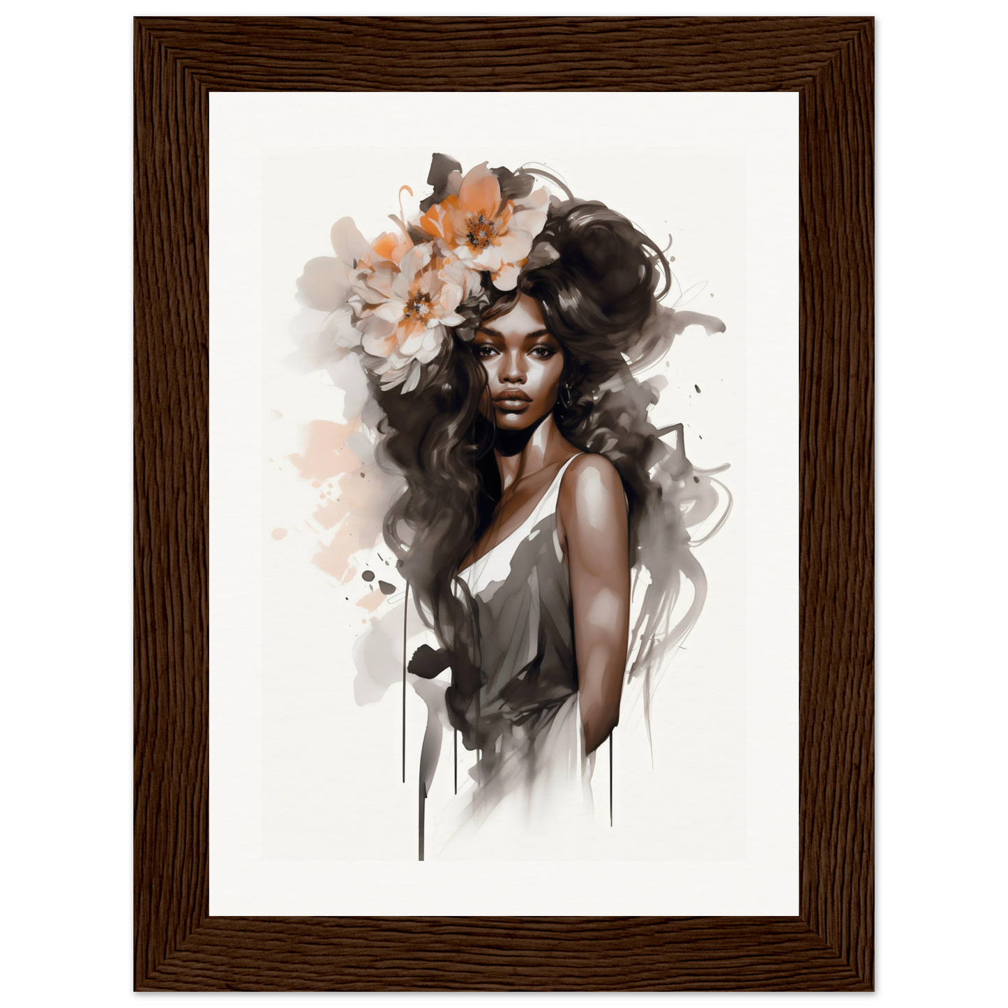 Artistic portrait of a woman with flowers in her hair, rendered in a watercolor style.