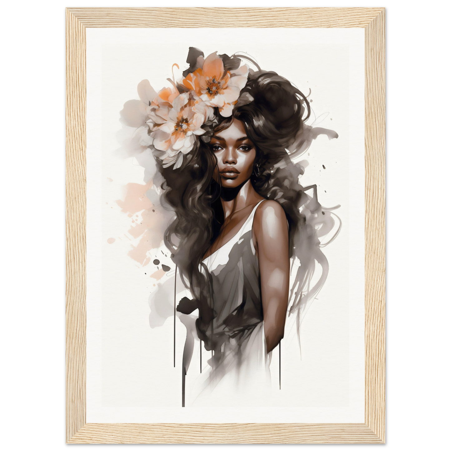 Portrait of a woman with flowers in her hair, rendered in a watercolor-like style.