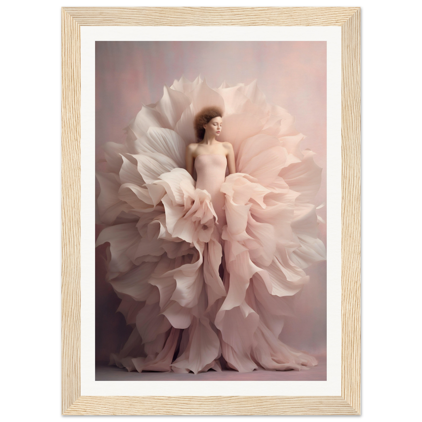 A figure emerging from soft, billowing fabric resembling flower petals.