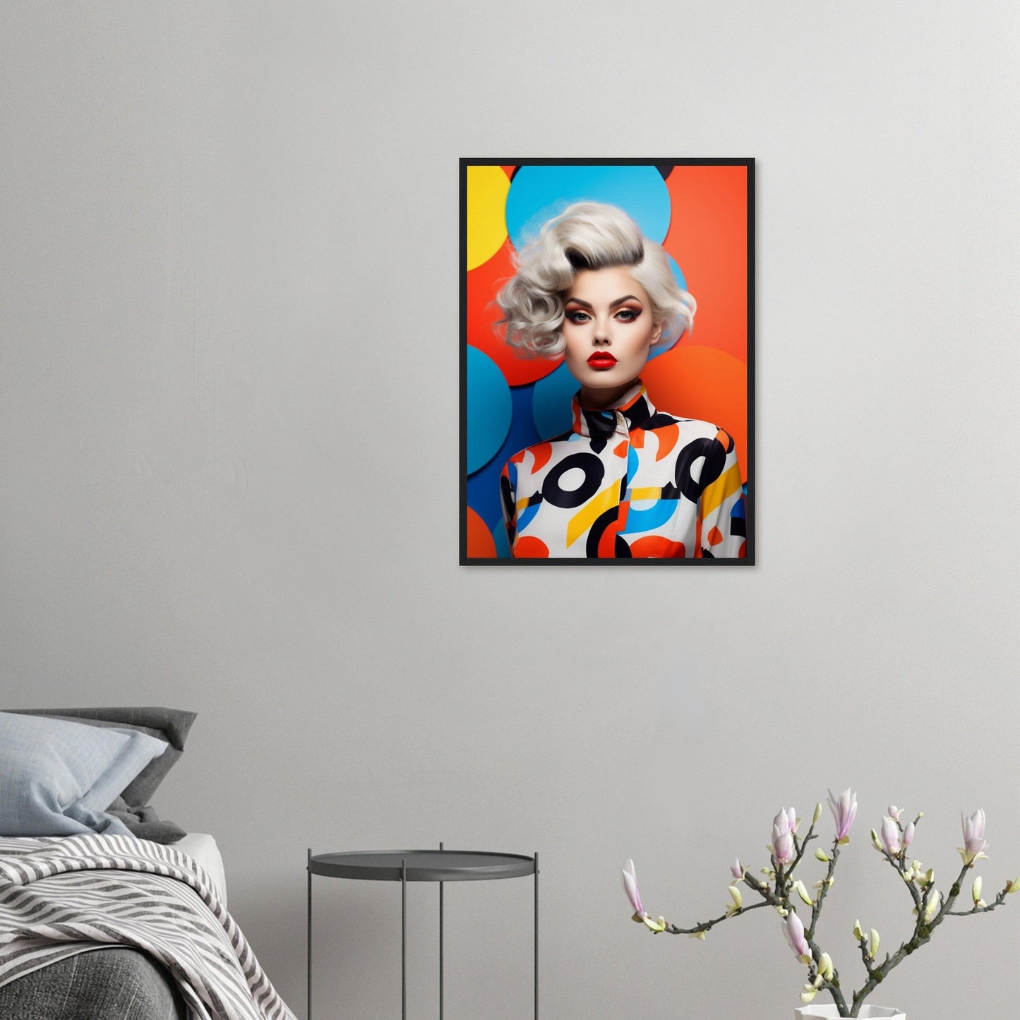 Colorful pop art-style portrait of a woman with blonde hair and bold makeup in a vibrant geometric outfit.