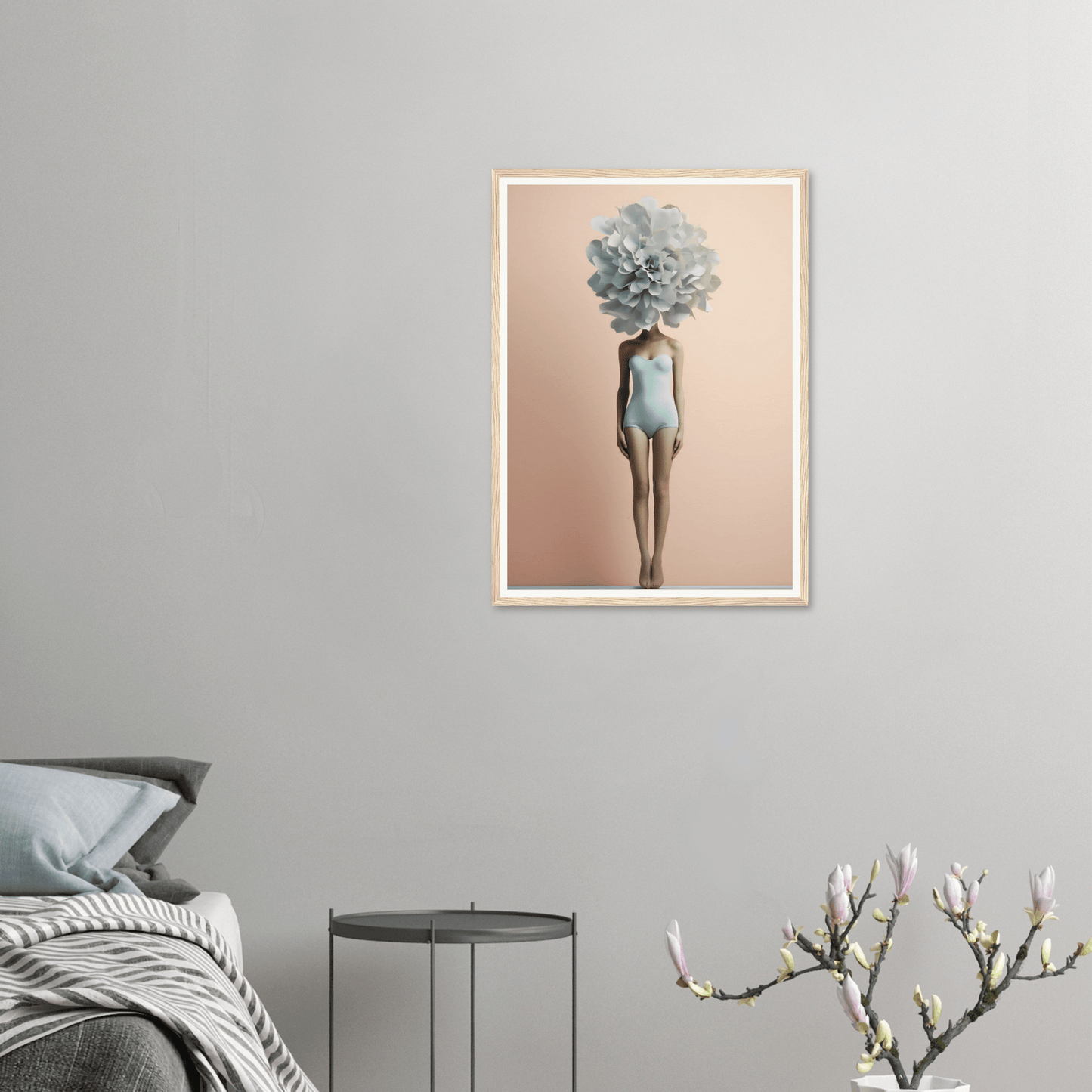 Surreal artwork depicting a human figure with a large blue-green flower in place of its head.