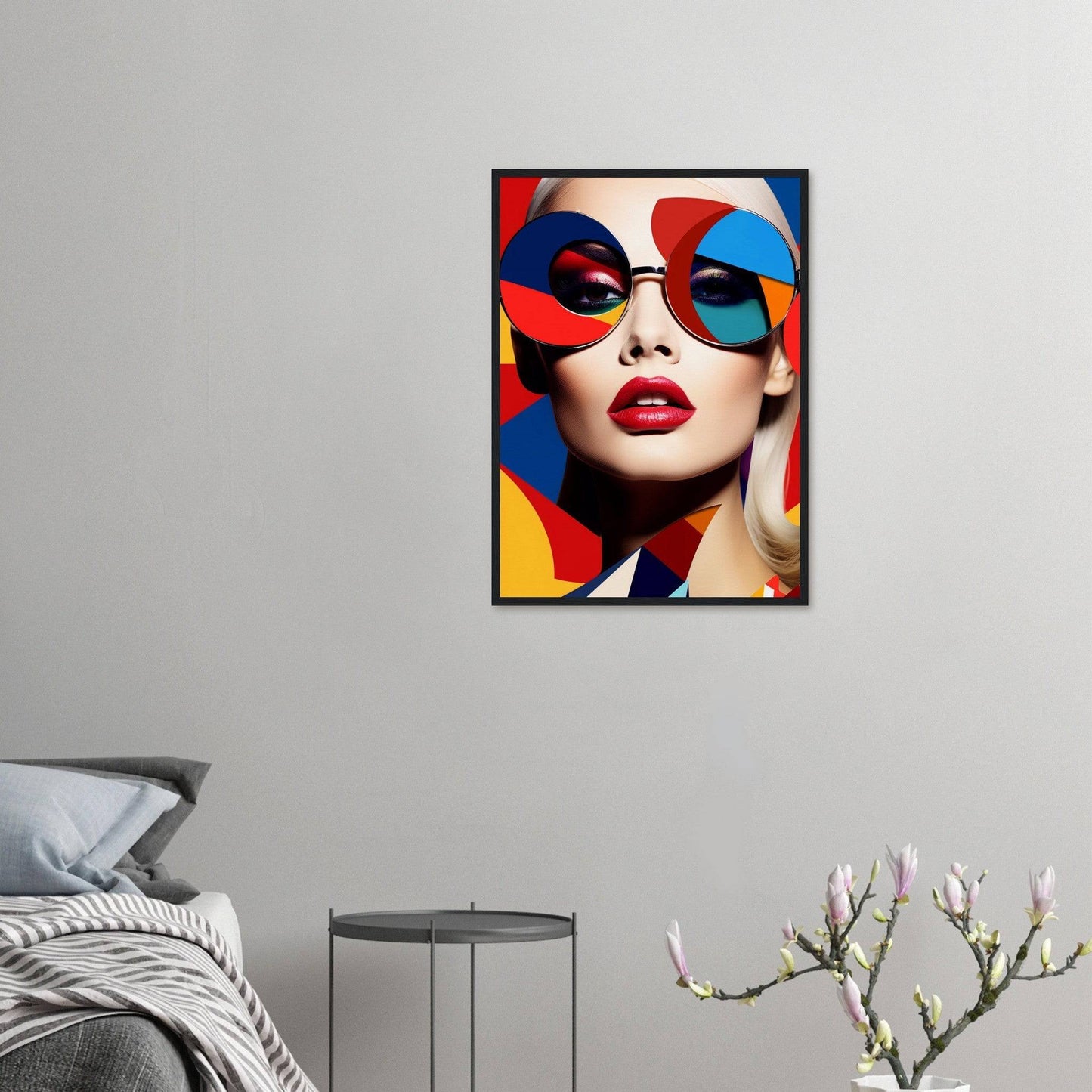 Colorful pop art-style portrait of a woman wearing sunglasses and bright red lipstick.