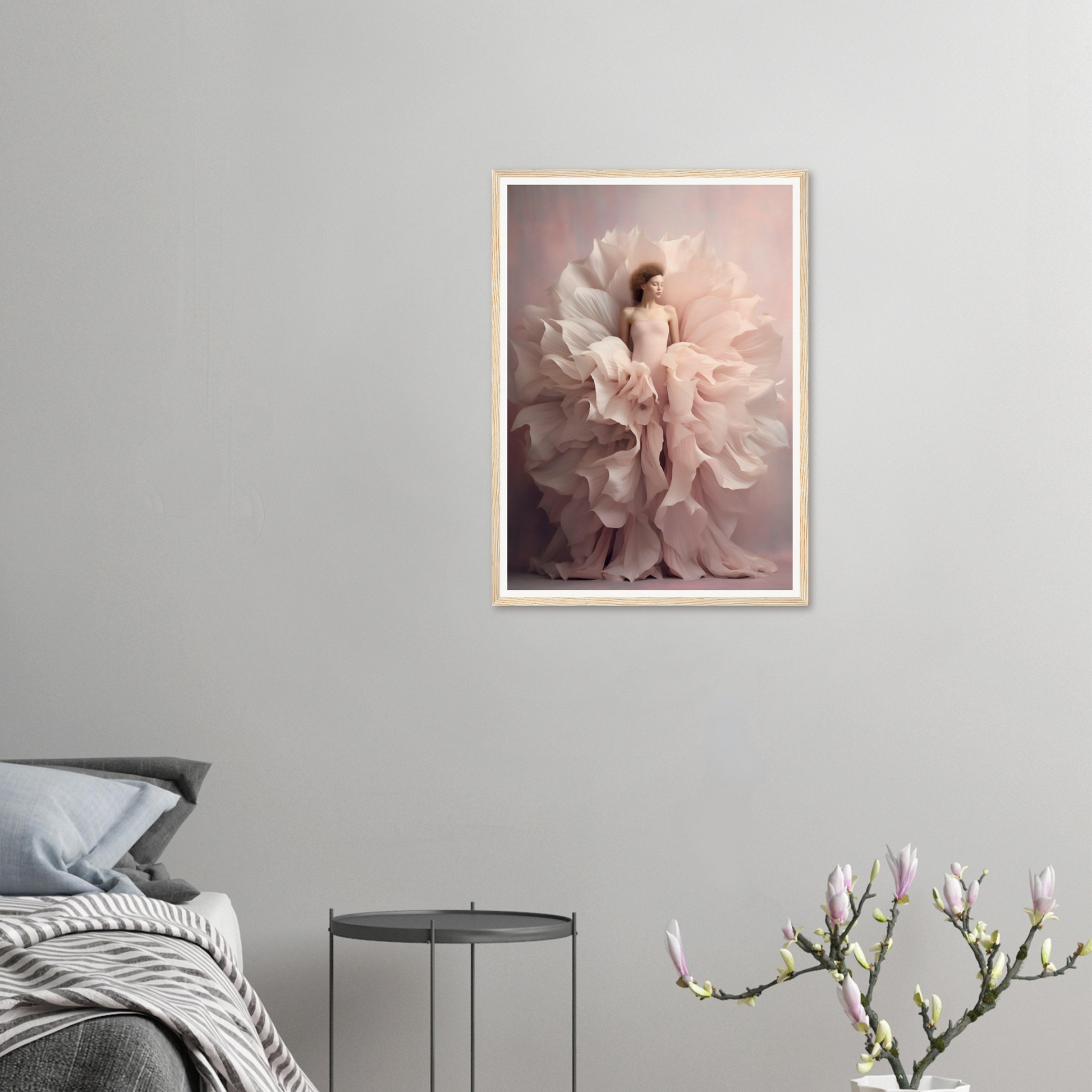 Framed artwork depicting a figure surrounded by flowing, ethereal fabric in soft, muted tones.