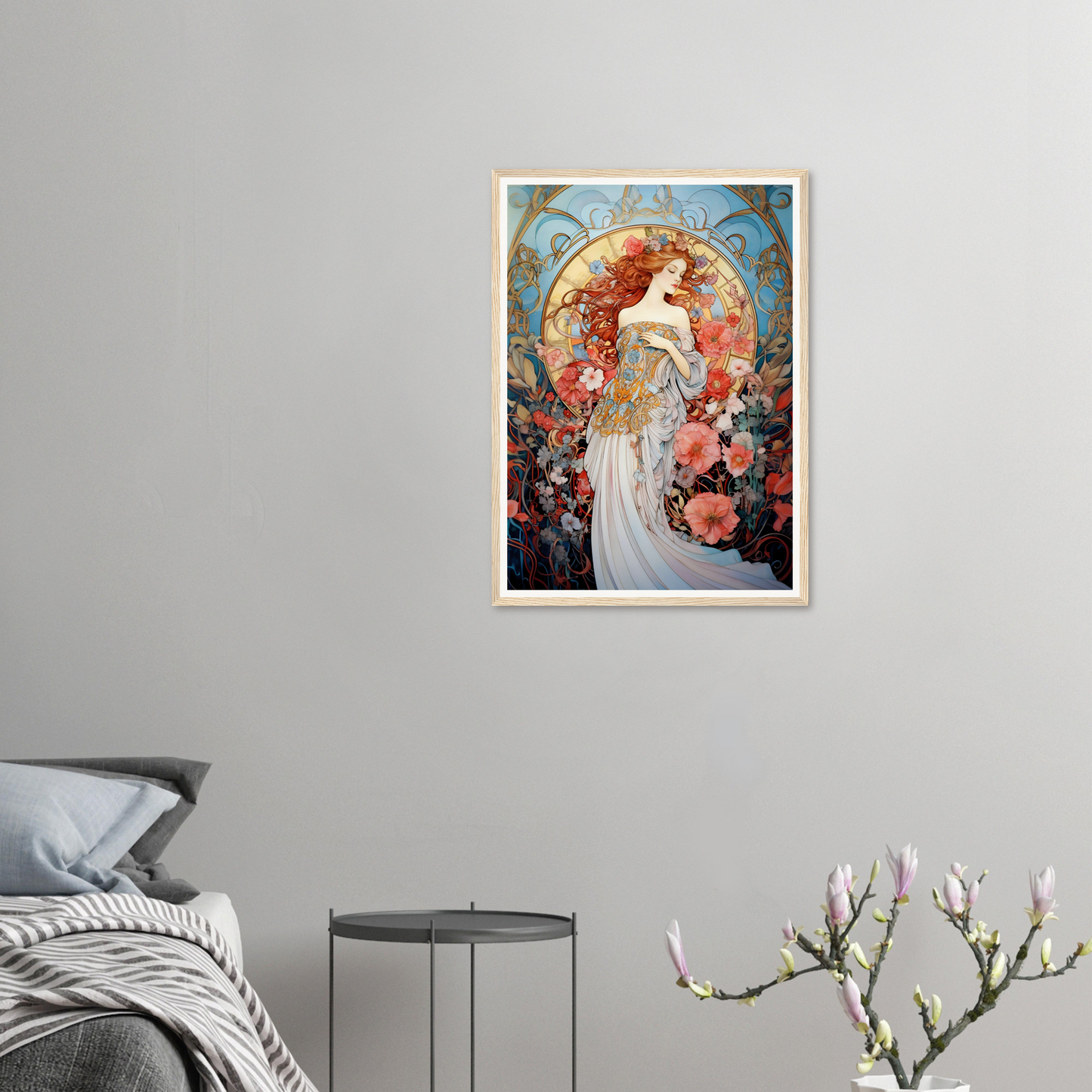 Art Nouveau-style painting of a woman surrounded by flowers and decorative elements.