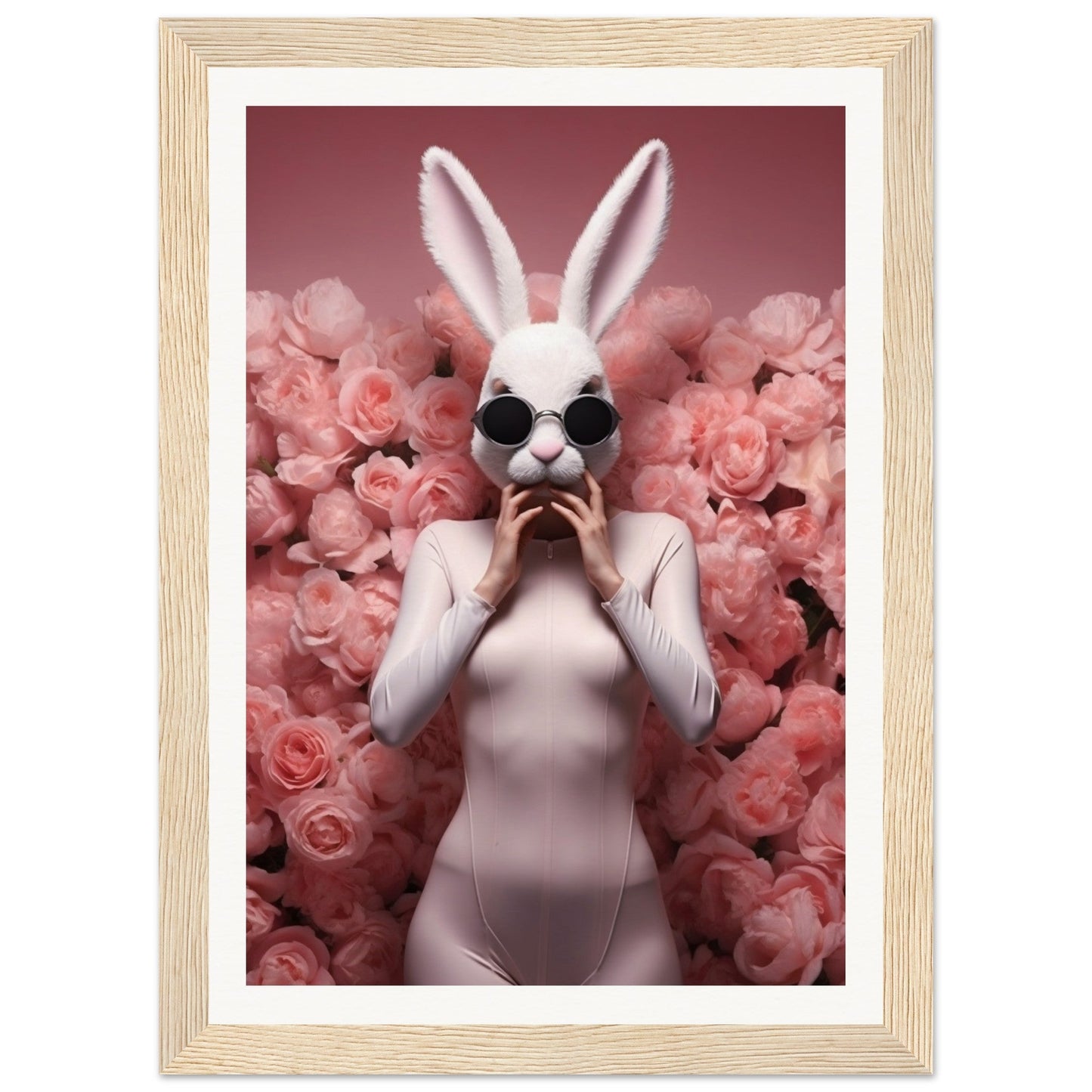 Figure wearing a white rabbit mask and bodysuit surrounded by pink roses.