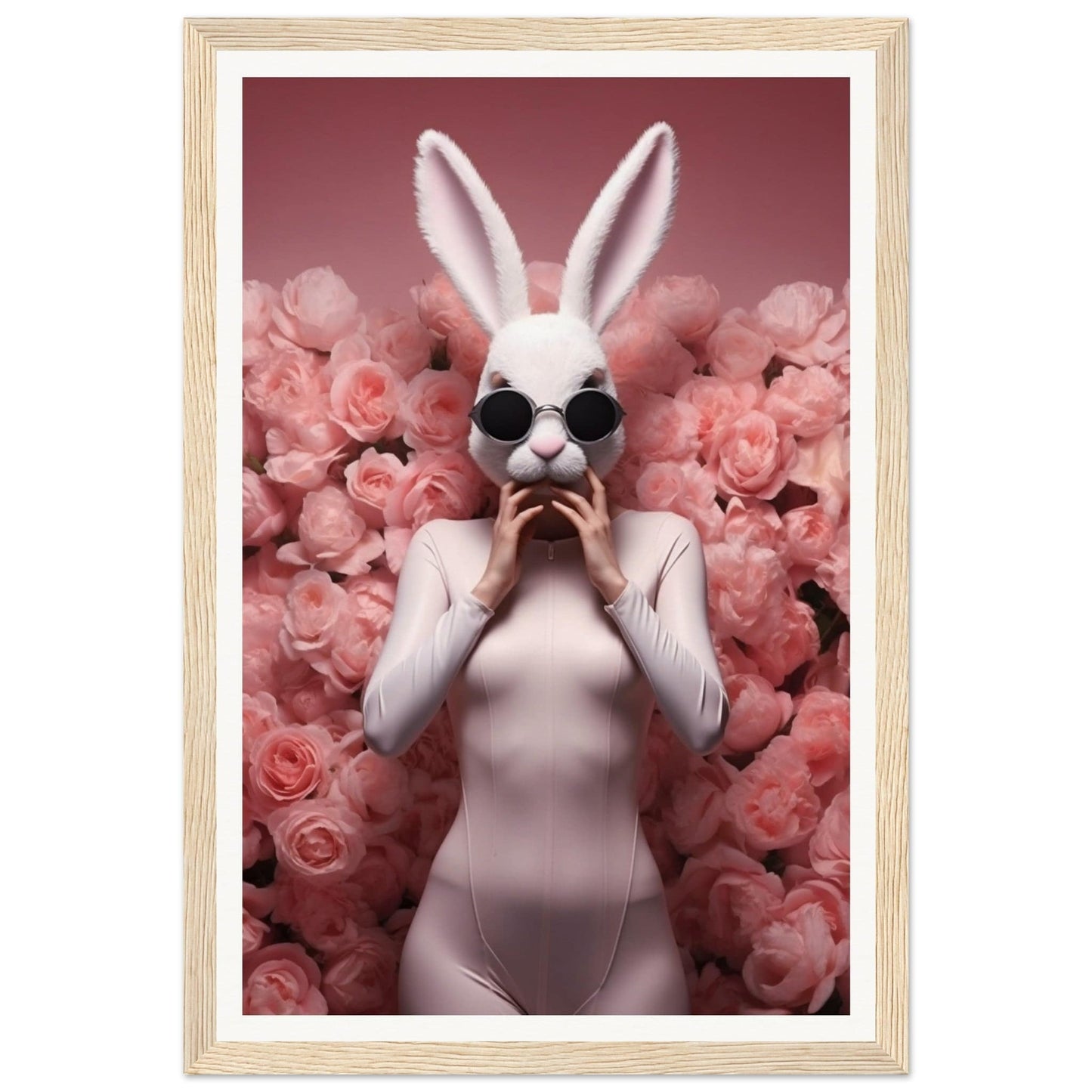 Figure wearing a white rabbit mask and bodysuit surrounded by pink roses.