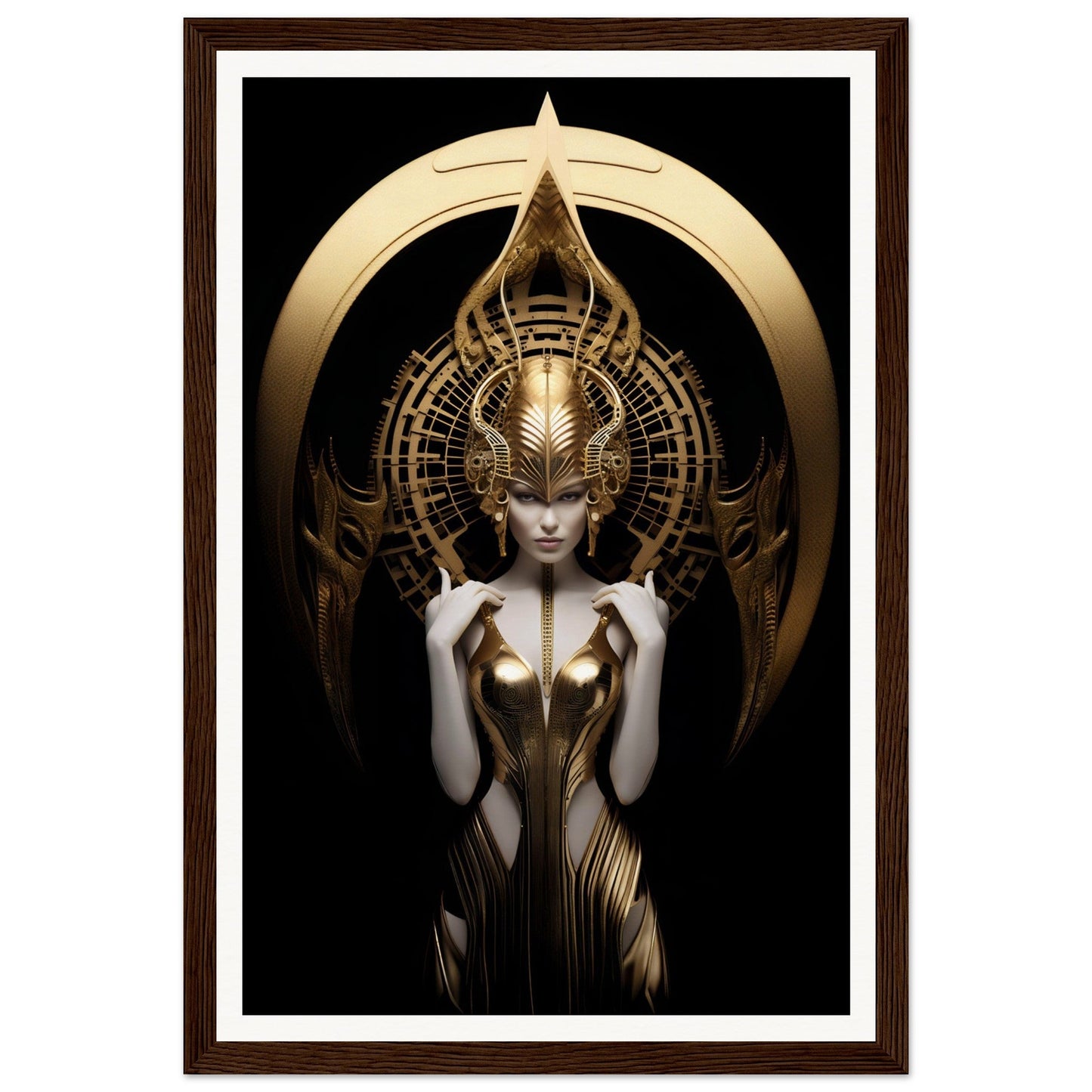 Ornate golden figure with an elaborate headdress and intricate metallic dress against a dark background.