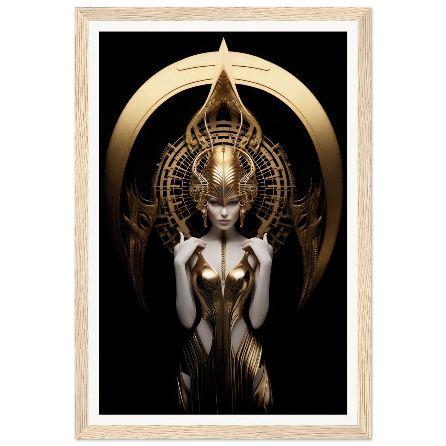Ornate golden figure with an elaborate headdress and intricate metallic body design.