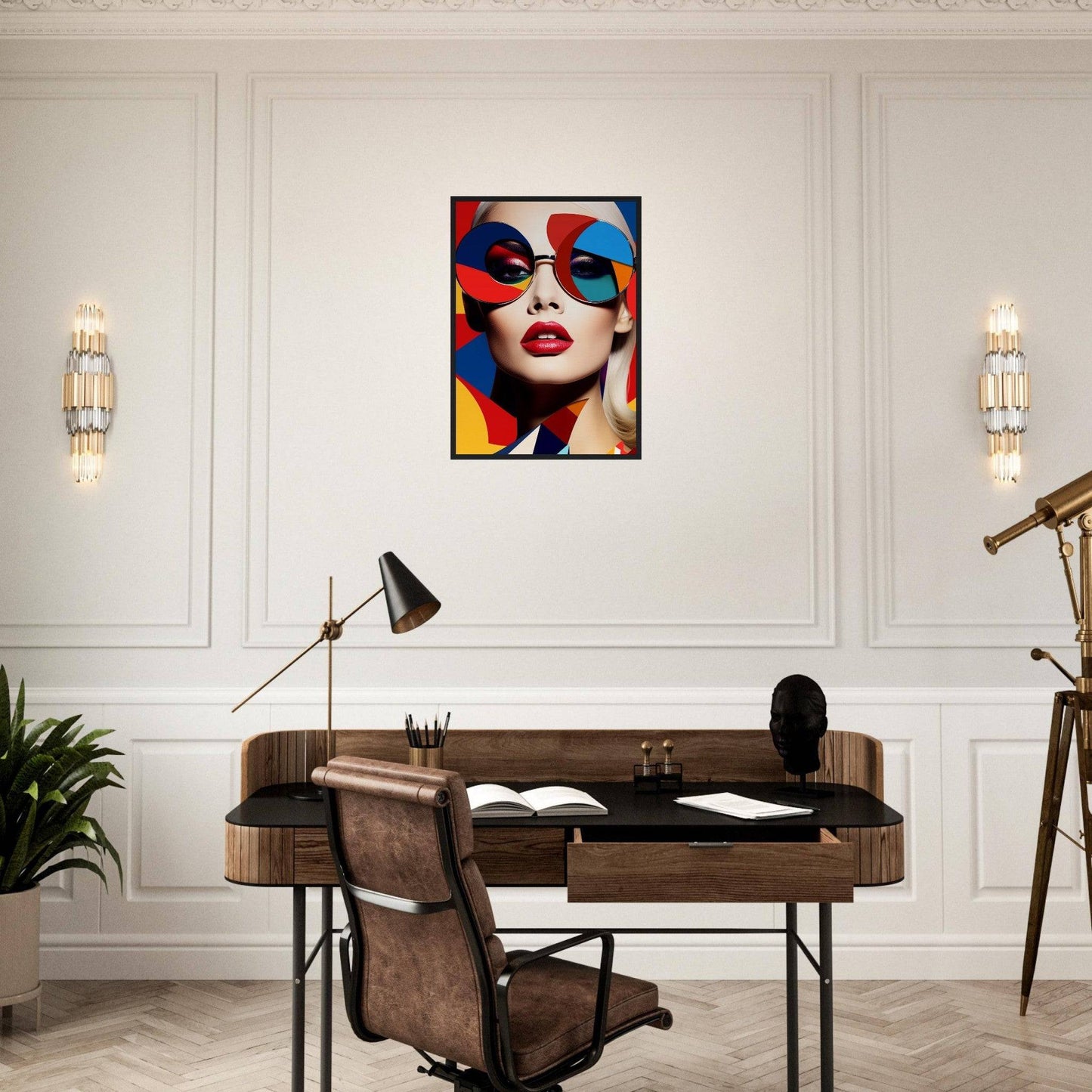 Colorful pop art portrait of a woman wearing vibrant sunglasses and red lipstick.