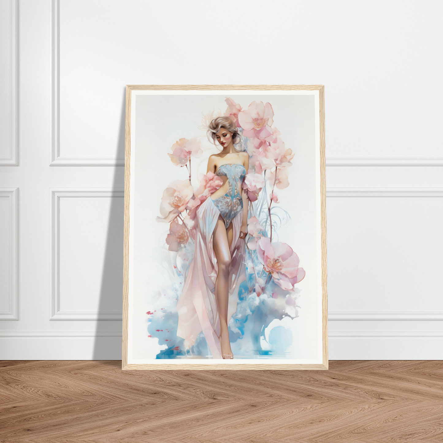 Framed watercolor painting of a woman in a blue dress with pink and blue abstract elements.