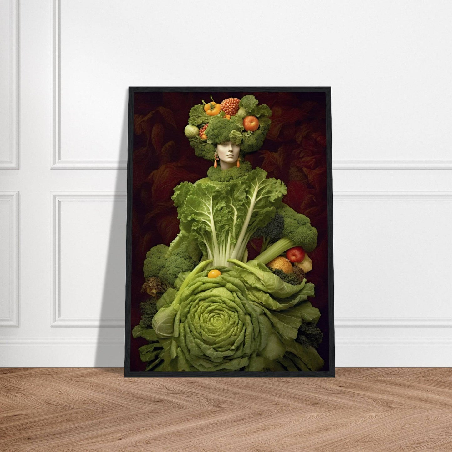 Surreal portrait composed entirely of vegetables, featuring a lettuce dress and fruit-adorned headdress.