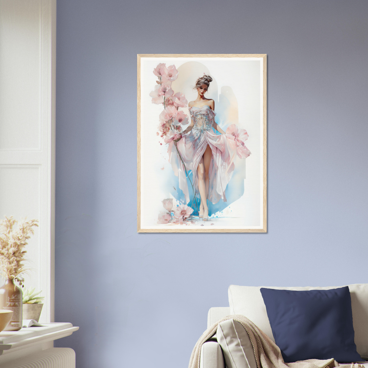Framed painting of an elegant woman in a flowing blue and white dress with pink floral accents.