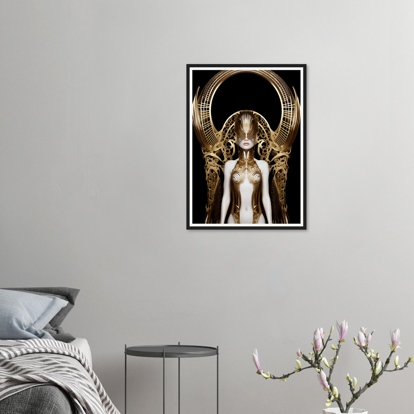 Framed artwork depicting a surreal, golden-adorned feminine figure with an elaborate headdress.