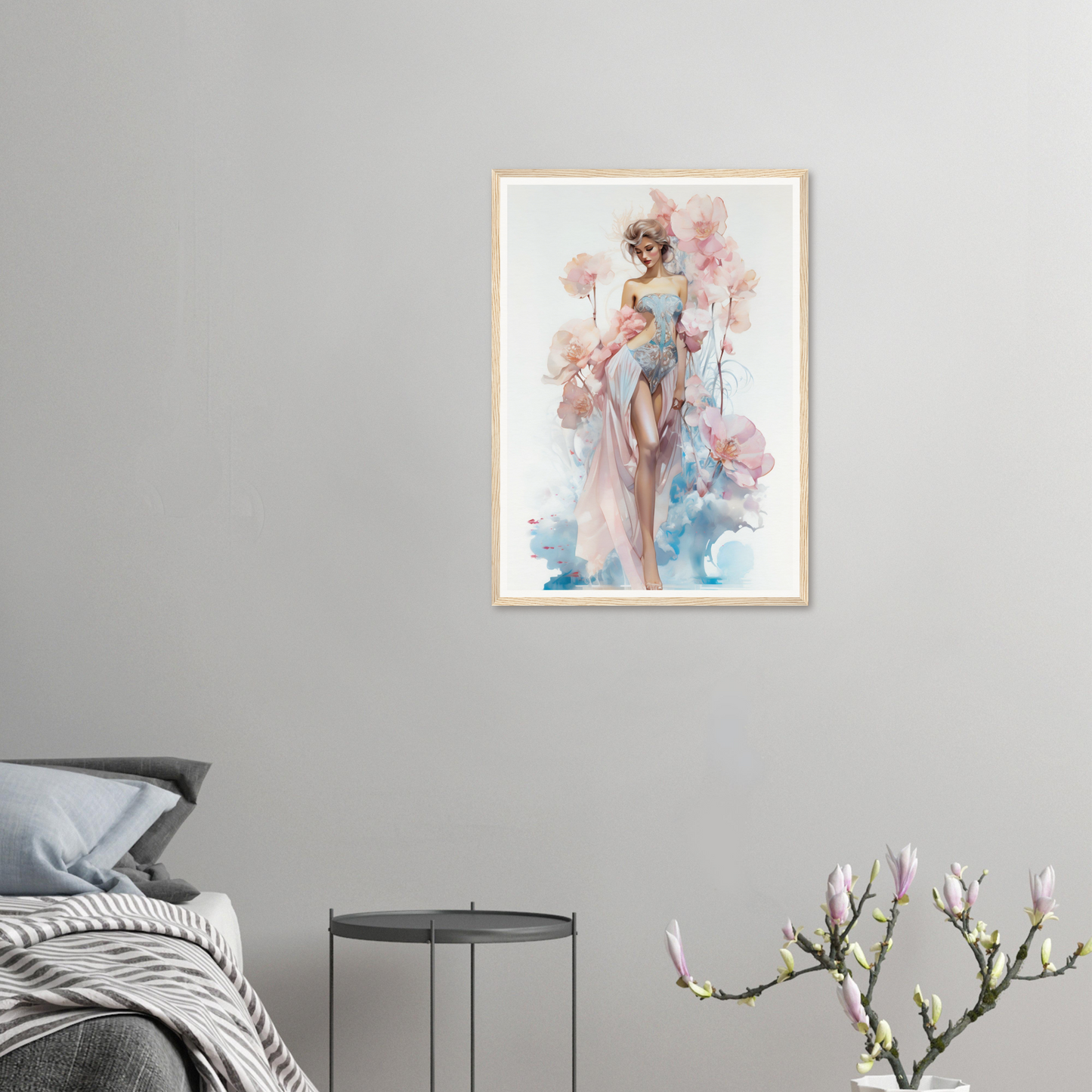 Framed watercolor painting of a graceful feminine figure in soft pastel hues.