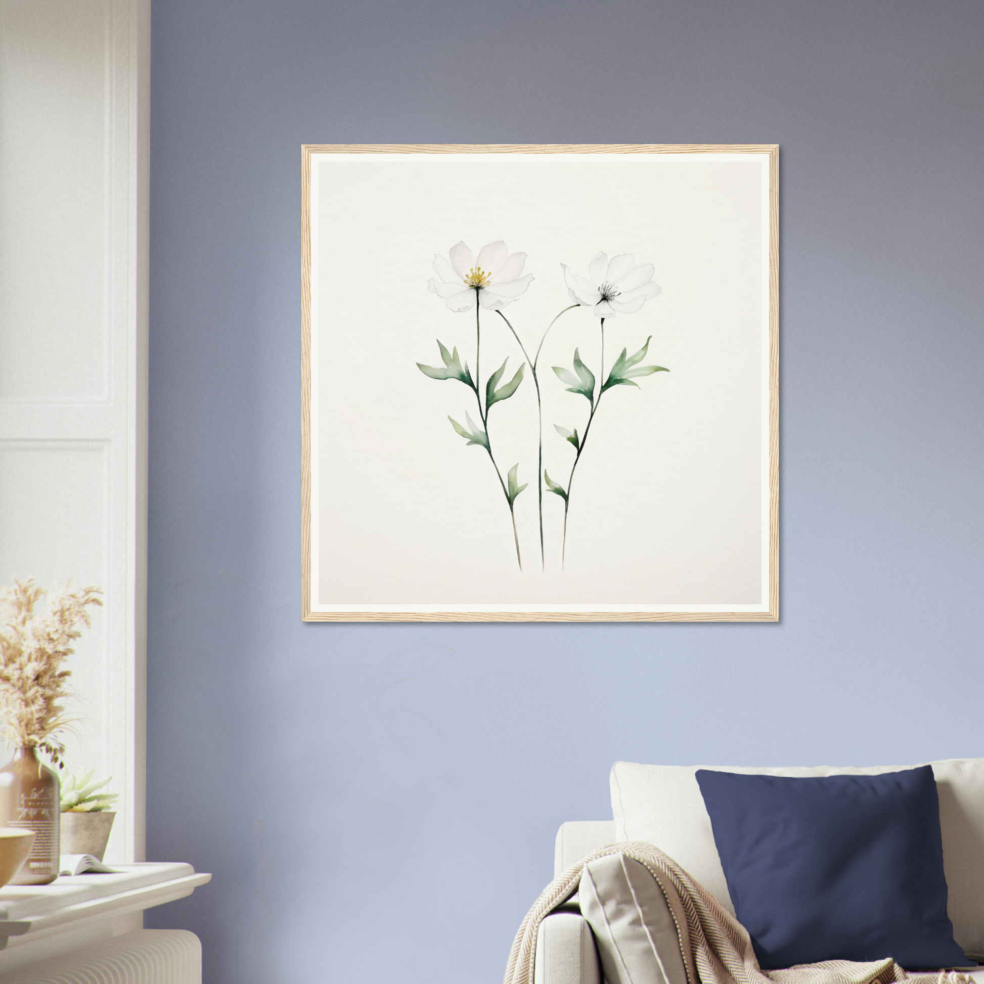 Framed botanical illustration of delicate white flowers with green stems and leaves.