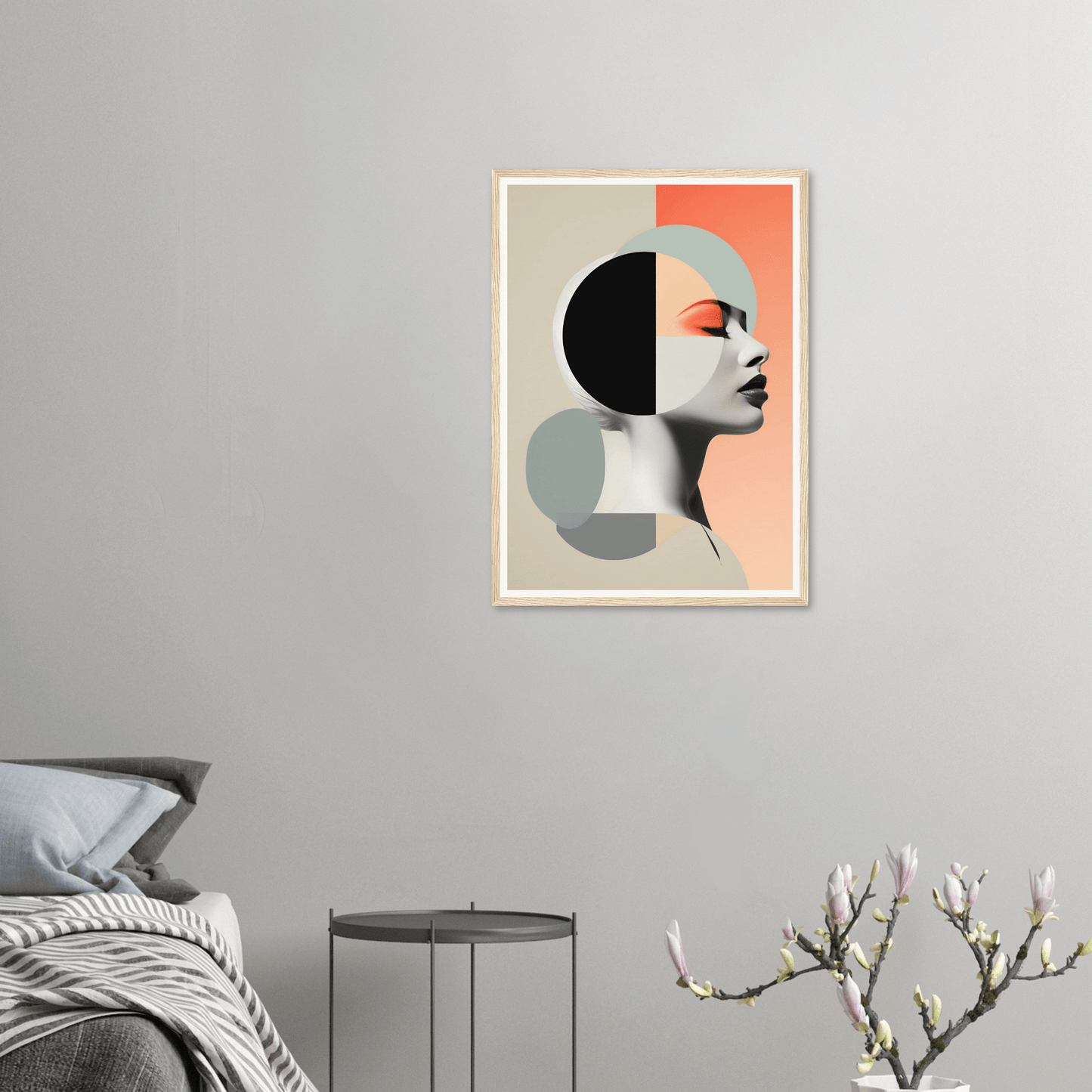 Abstract portrait artwork featuring a stylized profile of a figure against a geometric background with muted colors.