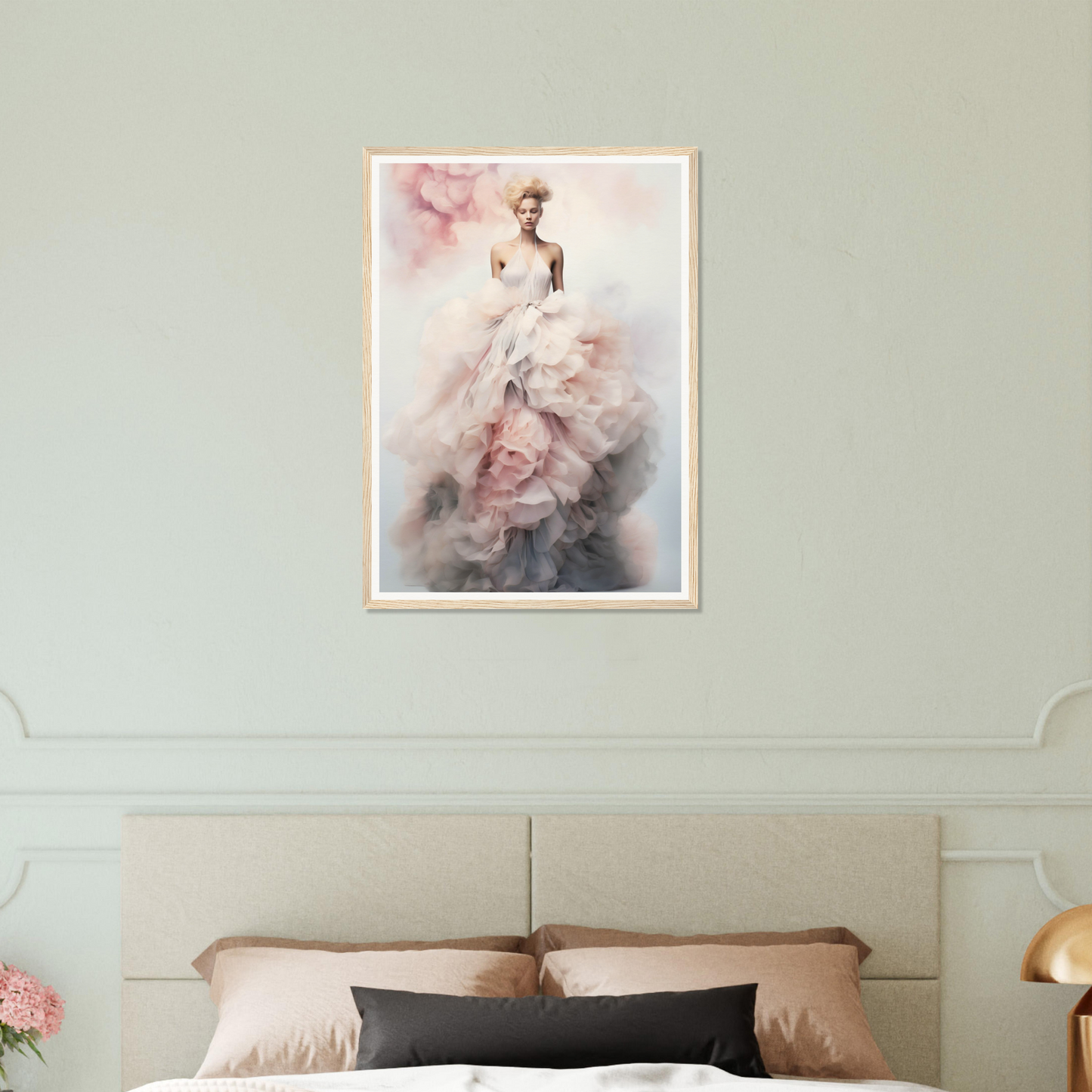 Framed artwork depicting an ethereal figure in a flowing white gown.