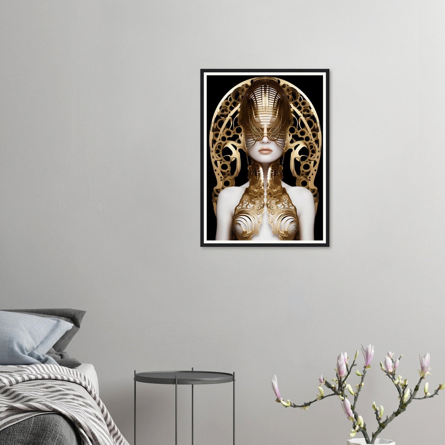 Surreal portrait of a figure adorned with ornate golden headpiece and body art.